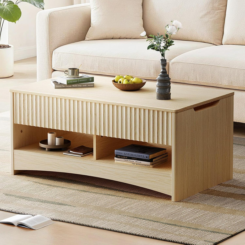 Marsail Lift Top Coffee Table with Open & Hidden Storage, Modern Fluted Coffee Table with Smooth Lift Mechanism, Sturdy Space-Saving Center Table for Home Living Room, Office, Oak