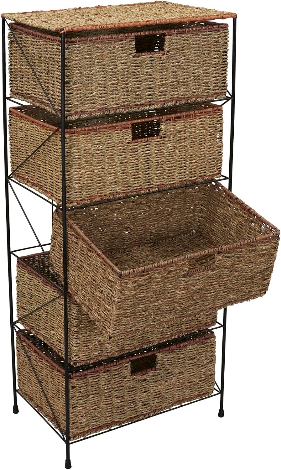 Household Essentials 5 Drawer Seagrass Wicker Storage Tower with Handwoven Rattan Design and Strong Metal Frame, Natural Rustic Modern Finish