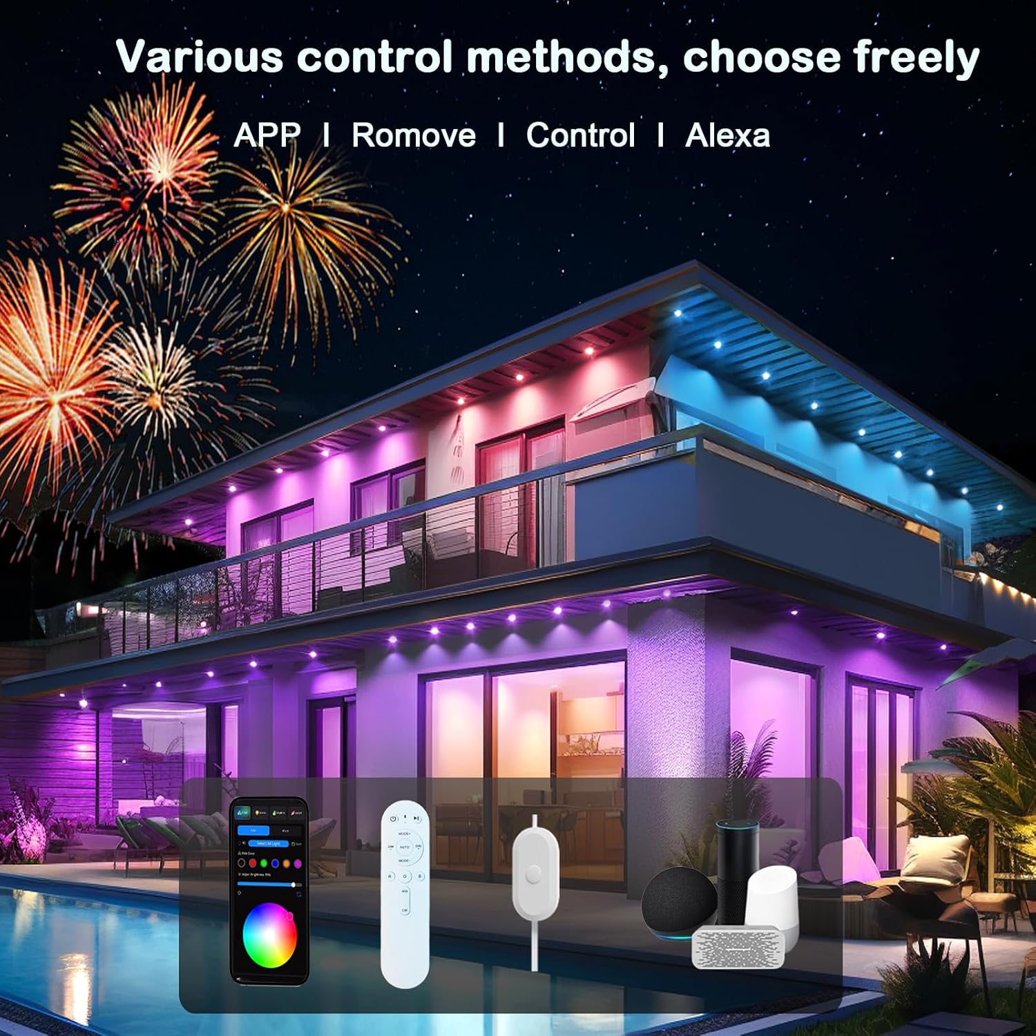 iYogaled Permanent Outdoor Christmas Lights 100ft,Smart RGB Color Changing Eave Lights with 63 Scene Modes, IP67 Waterproof Permanent Holiday Lamps Outdoor,APP,Voice,Remote Control
