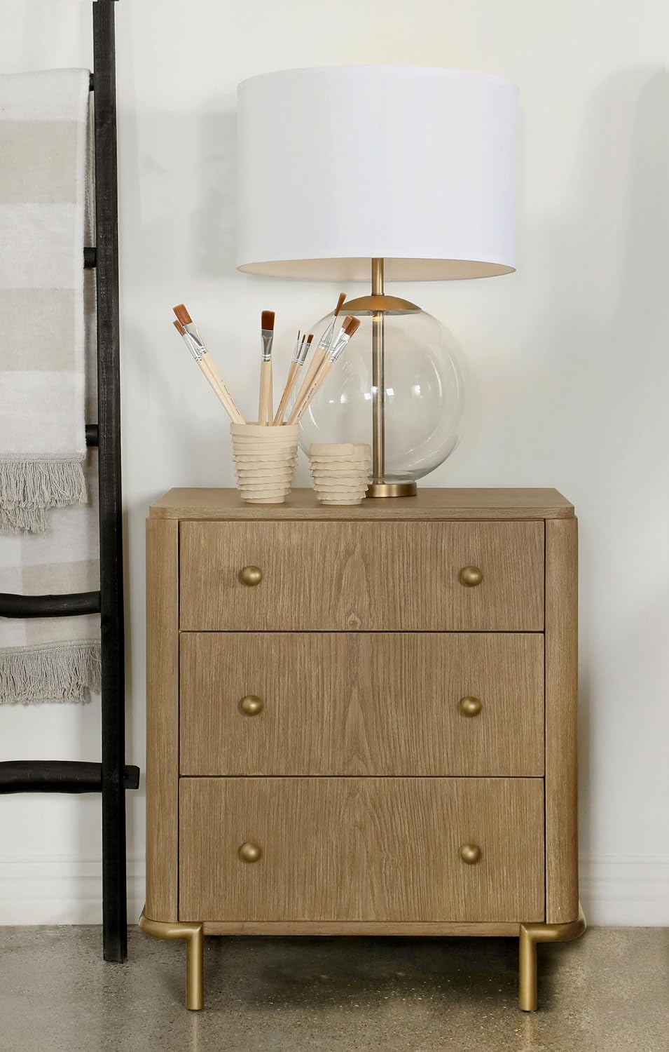 Coaster Home Furnishings - Arini - Wood - 3-Drawer Nightstand with Dual USB Ports, Felt-Lined Top Drawer, Aged Brass Round Knobs and Metal Base - Bedroom - Sand Wash - 224302