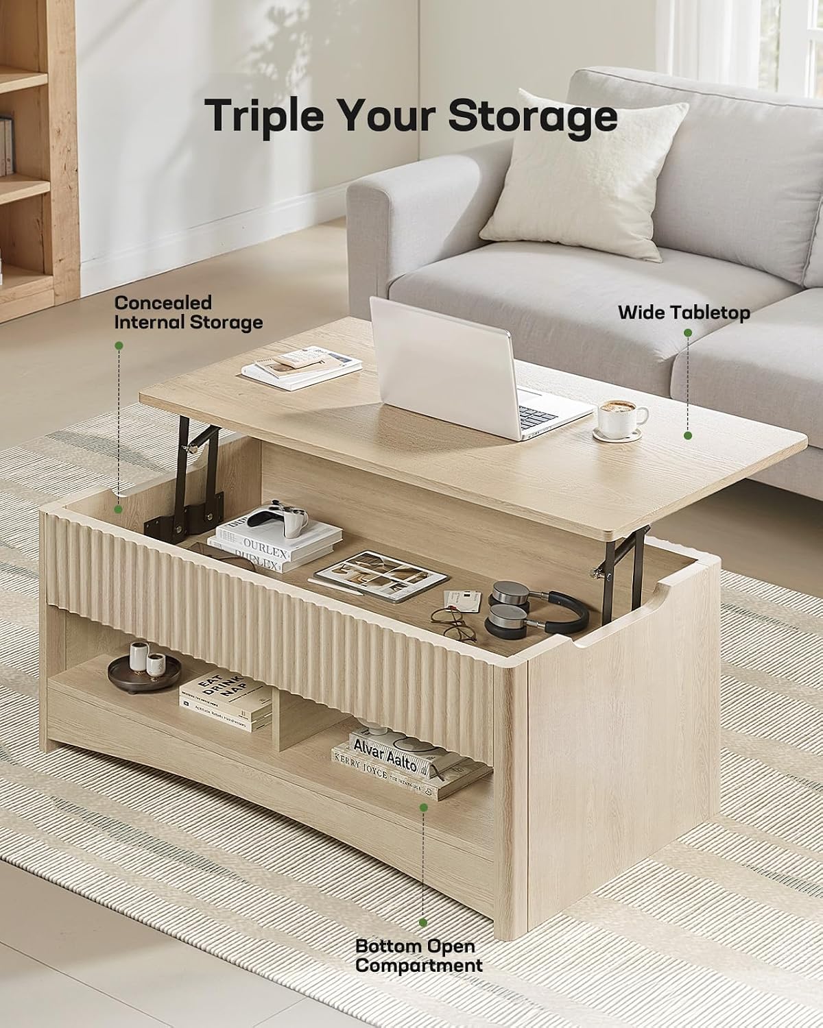 Marsail Lift Top Coffee Table with Open & Hidden Storage, Modern Fluted Coffee Table with Smooth Lift Mechanism, Sturdy Space-Saving Center Table for Home Living Room, Office, Oak