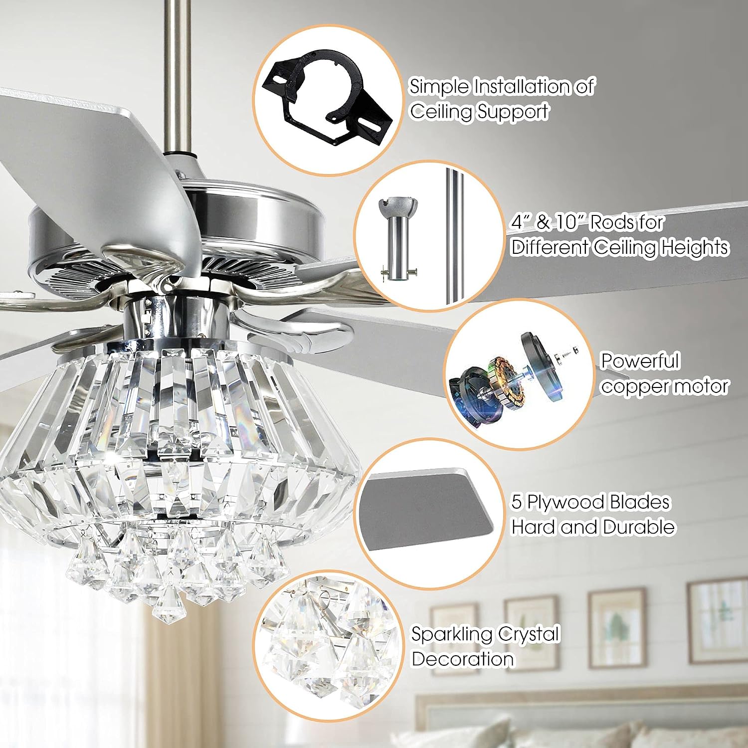 Parrot Uncle Ceiling Fans with Lights and Remote, 52 Inch Crystal Chandelier Lighting Ceiling Fans for Bedroom Living Room, Ventiladores De Techo Modernos, Reversible 5 Blades, Timer, Silver