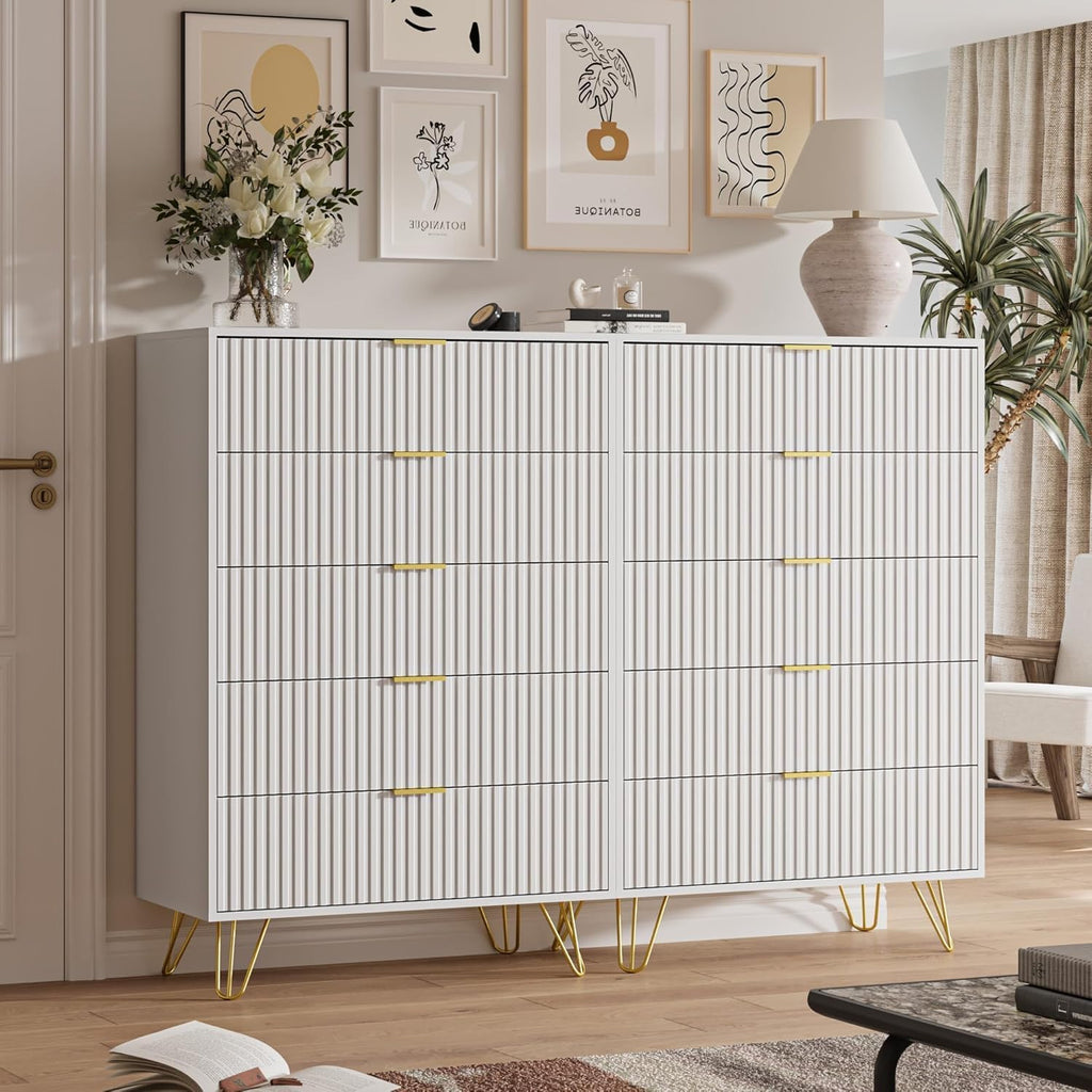 MAISONARIA 5 Drawers Dresser for Bedroom, 47' Tall Modern Chest of Drawers with Gold Handle, Fluted Wood Dresser for Bedroom, Living Room, Hallway, Entryway, White
