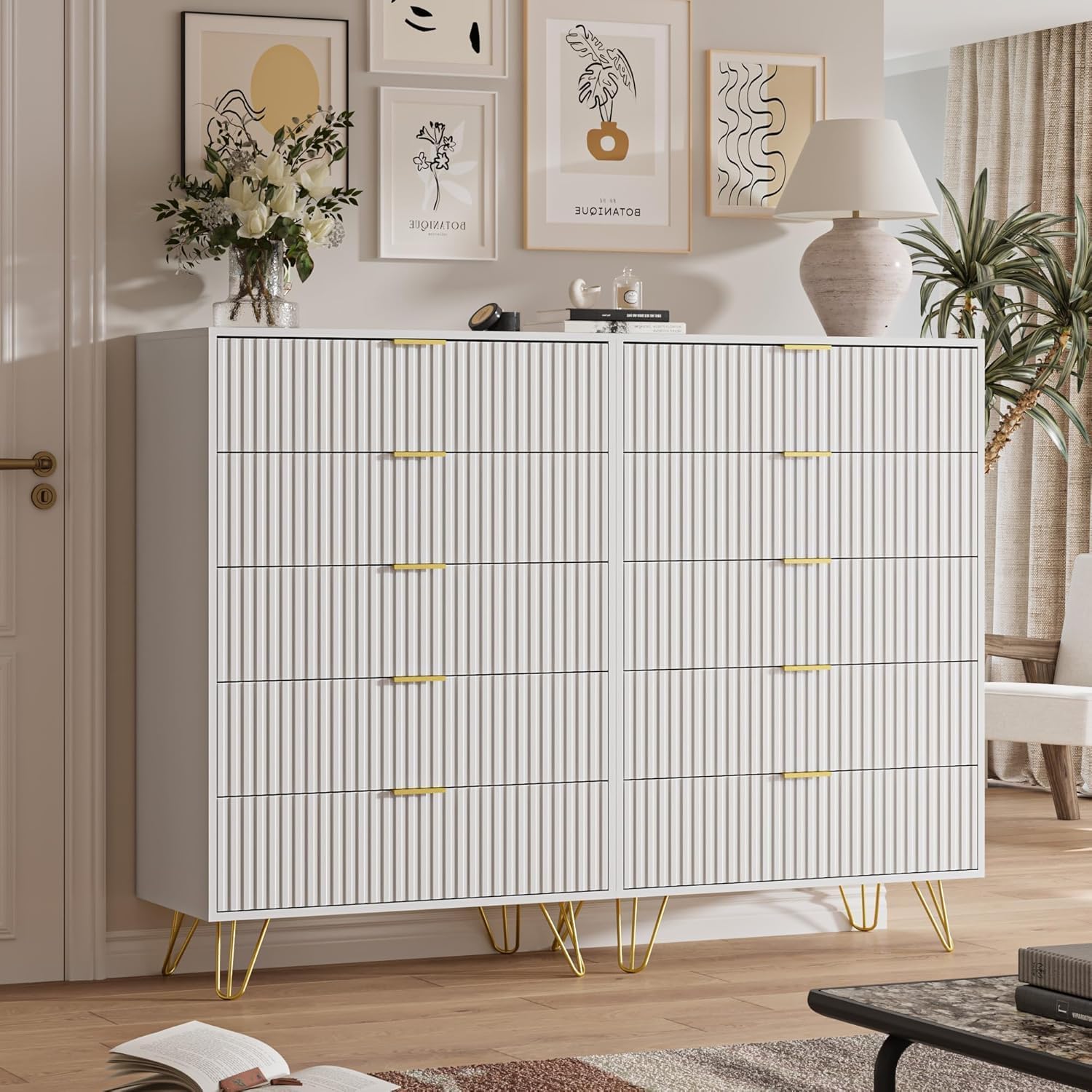 MAISONARIA 5 Drawers Dresser for Bedroom, 47' Tall Modern Chest of Drawers with Gold Handle, Fluted Wood Dresser for Bedroom, Living Room, Hallway, Entryway, White