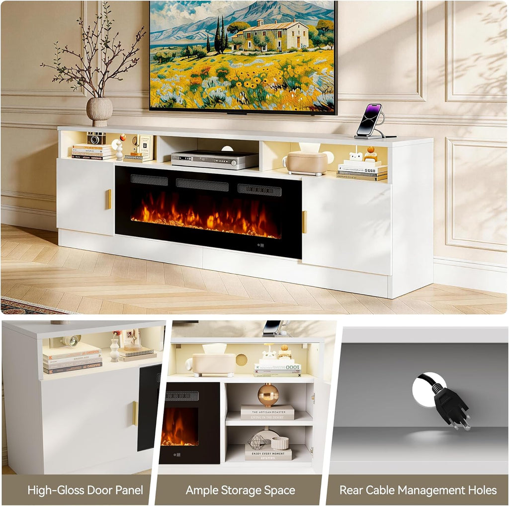 70' Fireplace TV Stand with Power Outlet, Electric Fireplace Entertainment Center with Storage Cabinets, Fits TVs up to 80', TV Console with LED Lights for Living Room, Office, White-Black