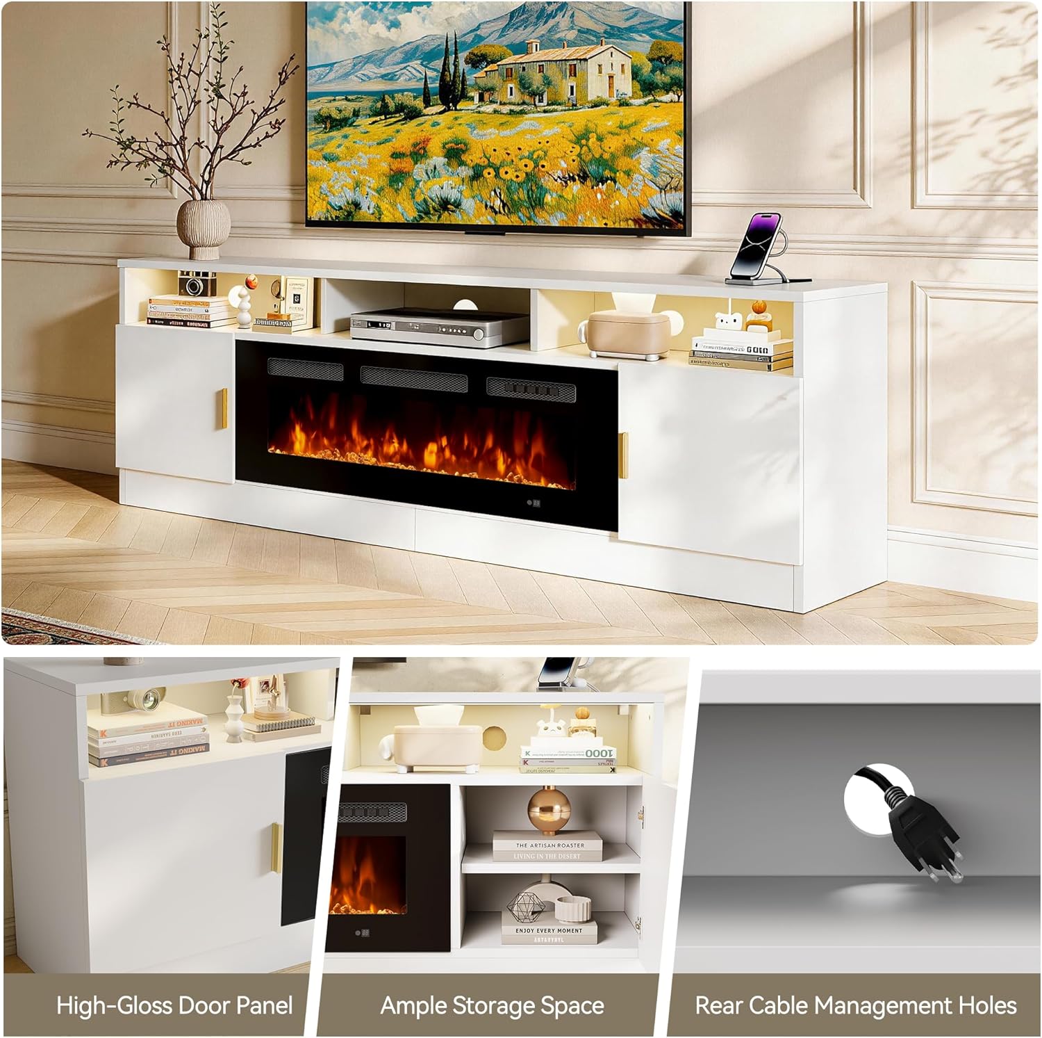 70' Fireplace TV Stand with Power Outlet, Electric Fireplace Entertainment Center with Storage Cabinets, Fits TVs up to 80', TV Console with LED Lights for Living Room, Office, White-Black