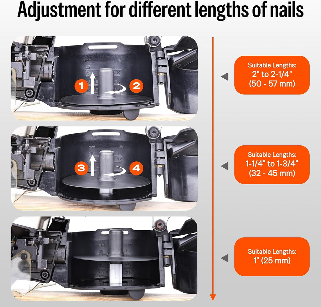 meite CN55 Coil Nailer Pneumatic Nail Gun 15 degree 1' to 2-1/4' Coil Nails, Heavy Duty Air Coil Nailer with Coil Nail Magazine 300PCS for Hardwood Projects Pallets Framing Sheathing