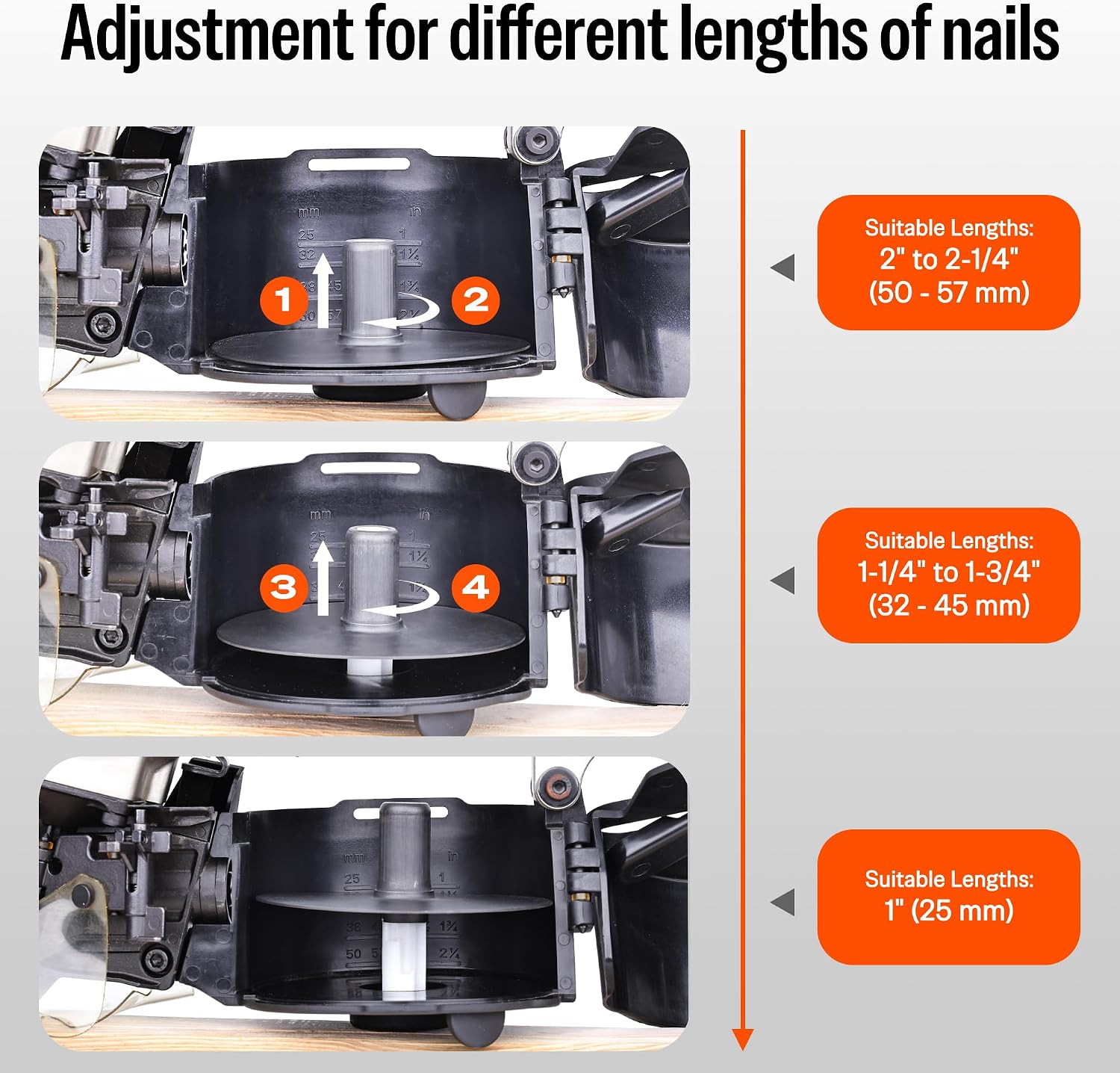 meite CN55 Coil Nailer Pneumatic Nail Gun 15 degree 1' to 2-1/4' Coil Nails, Heavy Duty Air Coil Nailer with Coil Nail Magazine 300PCS for Hardwood Projects Pallets Framing Sheathing