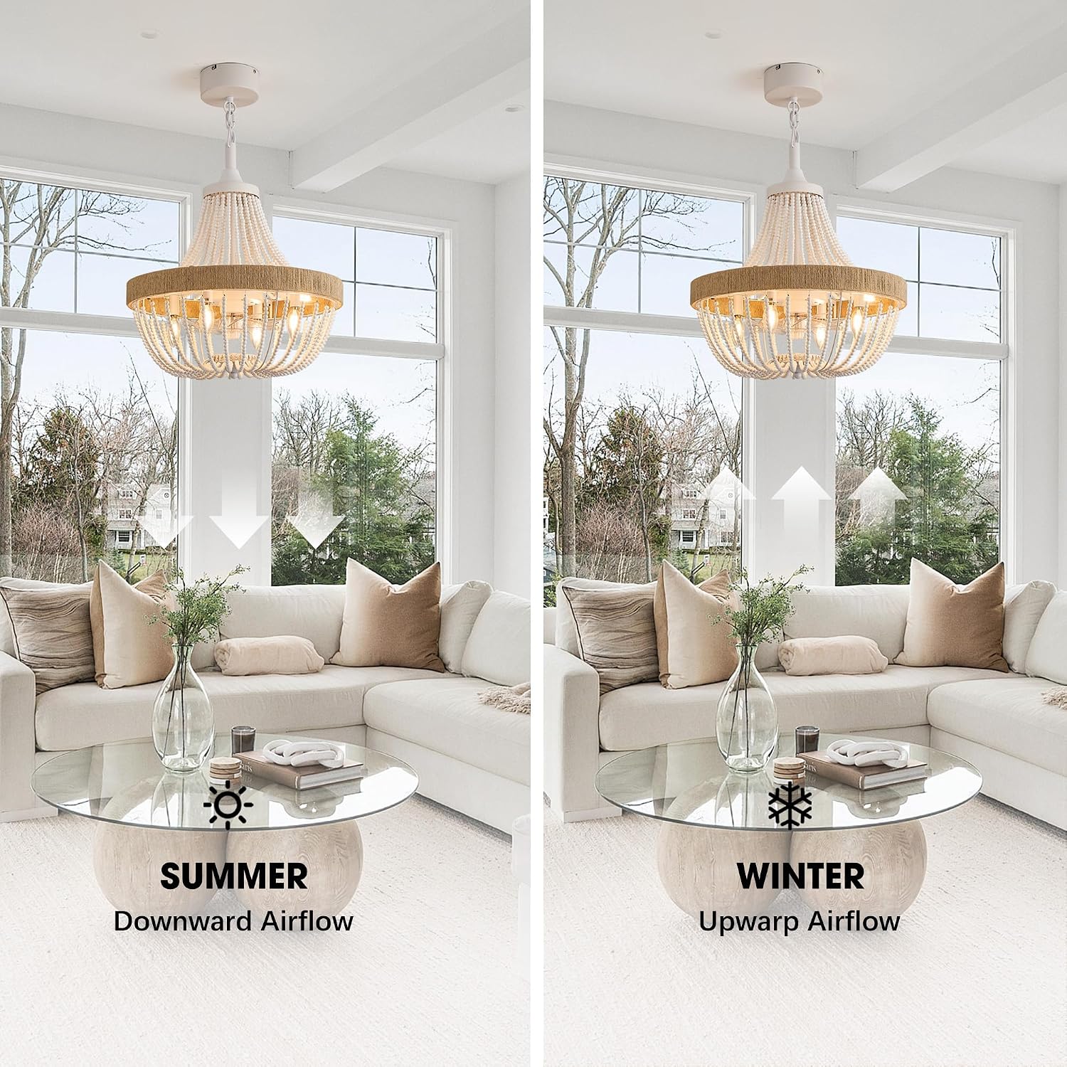 20' Rustic Beaded Chandelier Ceiling Fan with Lights, Remote & App Control, 6 Speed, 8-Lights Boho Fandelier, for Bedroom, Dining Room (Minimalist White)