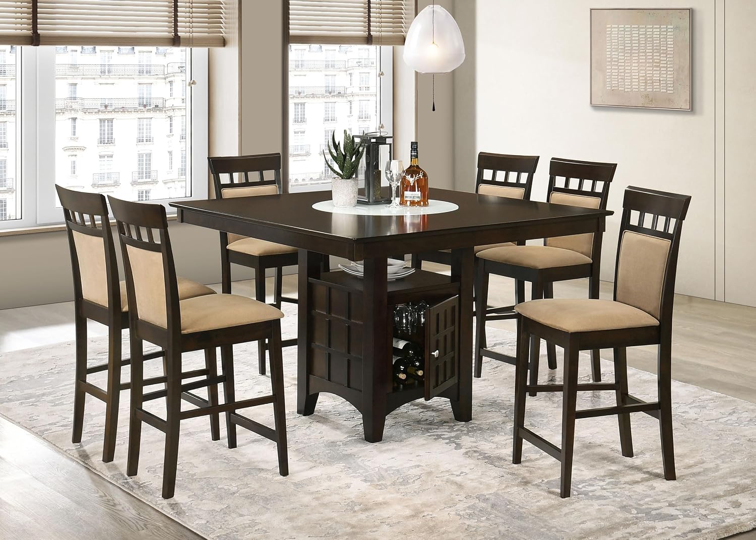 Coaster Home Furnishings - Gabriel - 7-Piece Counter Height Dining Set - Square Wood Table with Storage & 6 Upholstered Chairs - Dining Room & Kitchen - Cappuccino - 100438-S7A