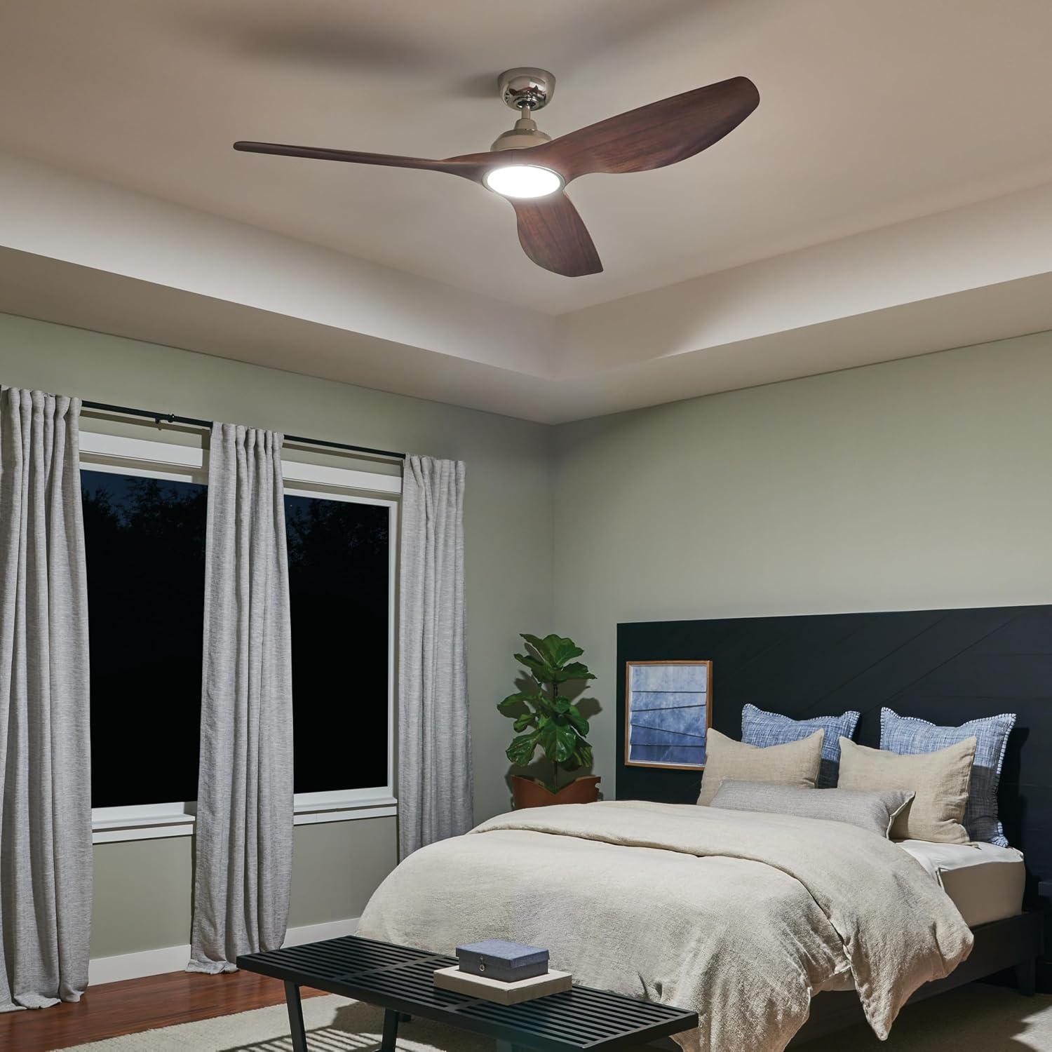 KICHLER 300365PN Protruding Mount, 3 walnut Blades Ceiling fan with 23 watts light, Polished Nickel