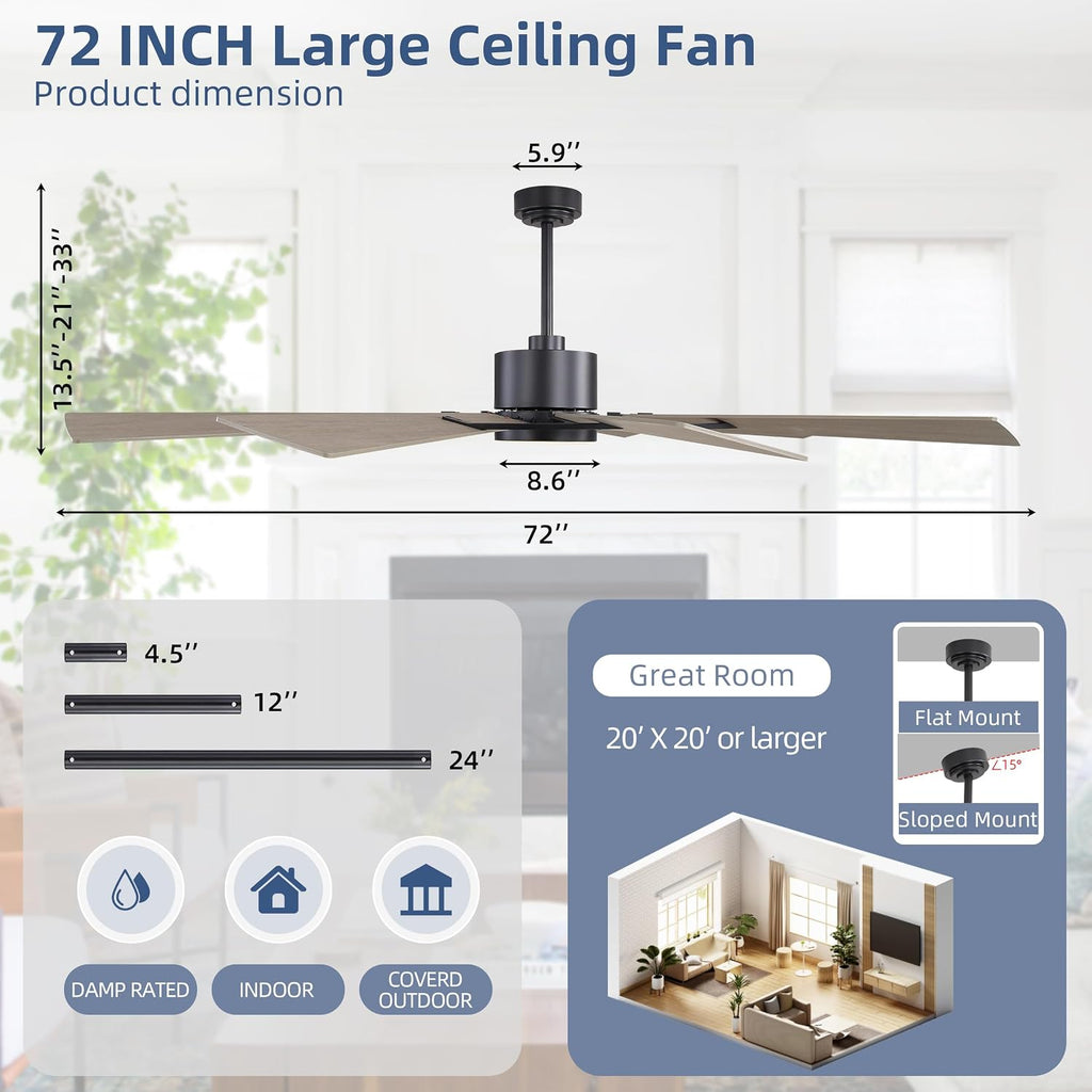 WINGBO 72' Windmill Ceiling Fan with Lights, 3 Downrod, 6-Speed Reversible DC Motor, 3CCT, 10 Blade Indoor Farmhouse DC Ceiling Fans for Kitchen Bedroom Living Room Patio, Matte Black and Grey