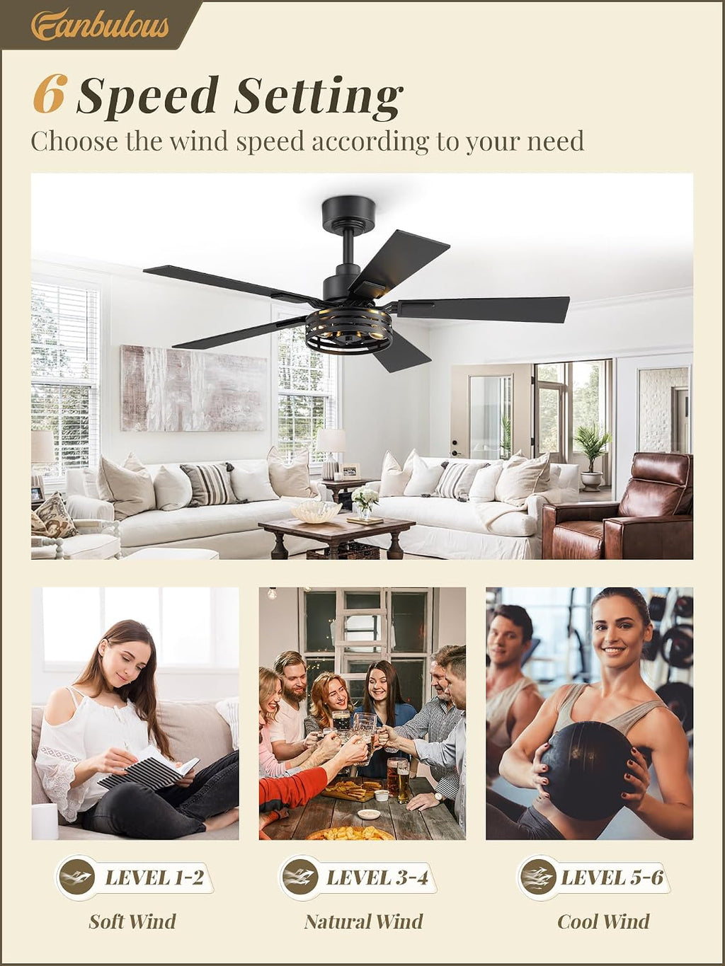 42 Inch Farmhouse Ceiling Fan with Lights 2 Pack, Rustic Black Ceiling Fans with Remote, 5 Dual Finish Blades, Quiet 6 Speed Reversible DC Motor, Caged Industrial Fan for Bedroom, Living Room, Patio