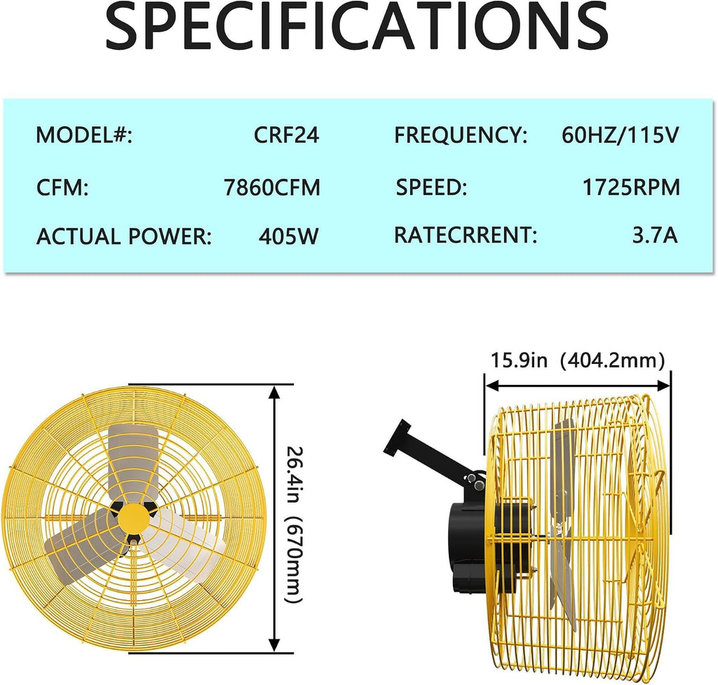 Greenhouse Circulation Fan Air Circulation Fan 1/2 HP 115V Ceiling Wall Mount Fan High Speed Circulation Fan for Greenhouse, Warehouse, Patio, Garage 7860CFM, ETL Listed