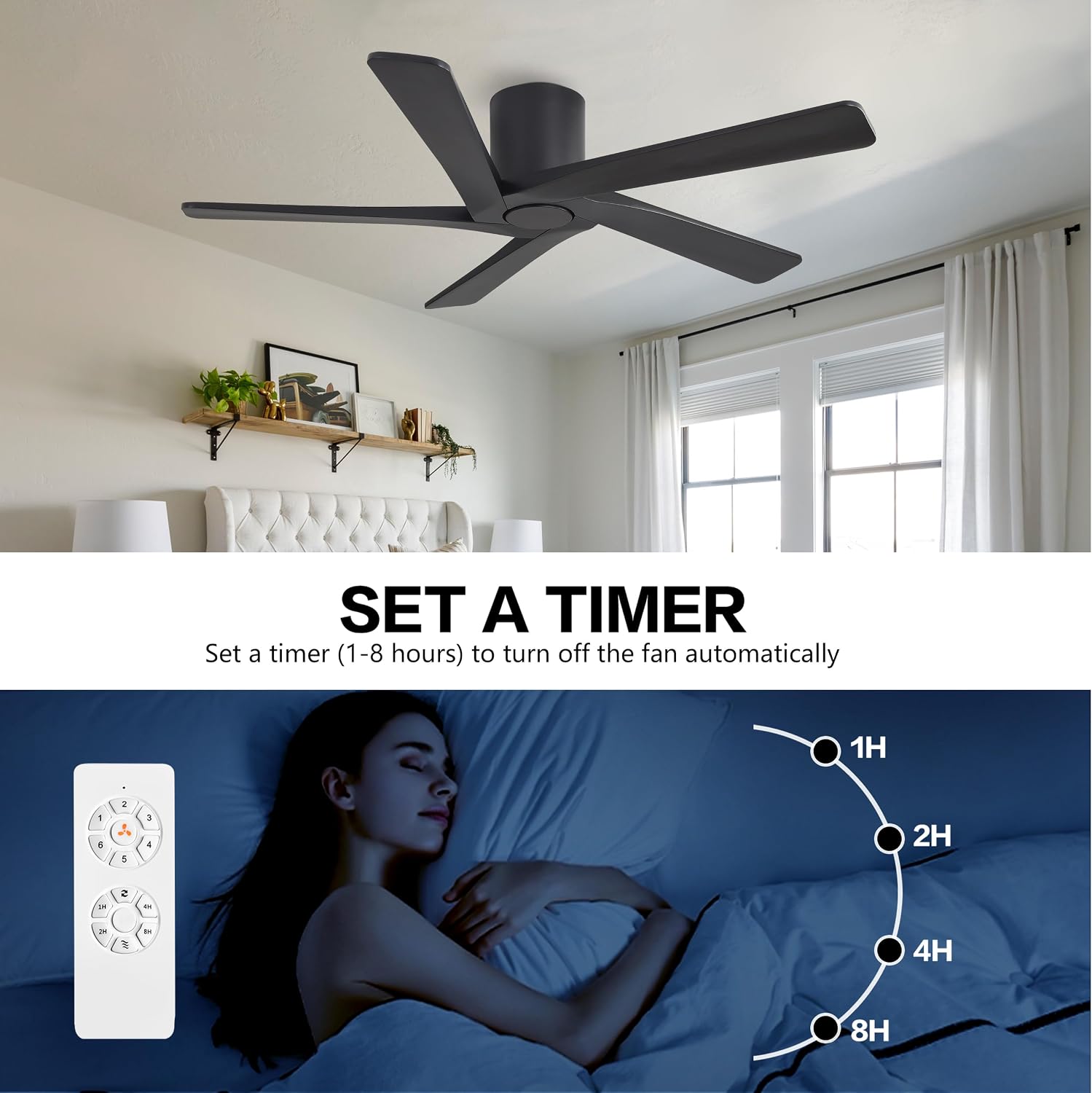 WINGBO 48 Inch Flush Mount DC Ceiling Fans without Lights, 5 Carved Solid Wood Blades, 6-Speed Reversible DC Motor, Low Profile Hugger Ceiling Fan No Lights for Indoor and Outdoor, Matte Black
