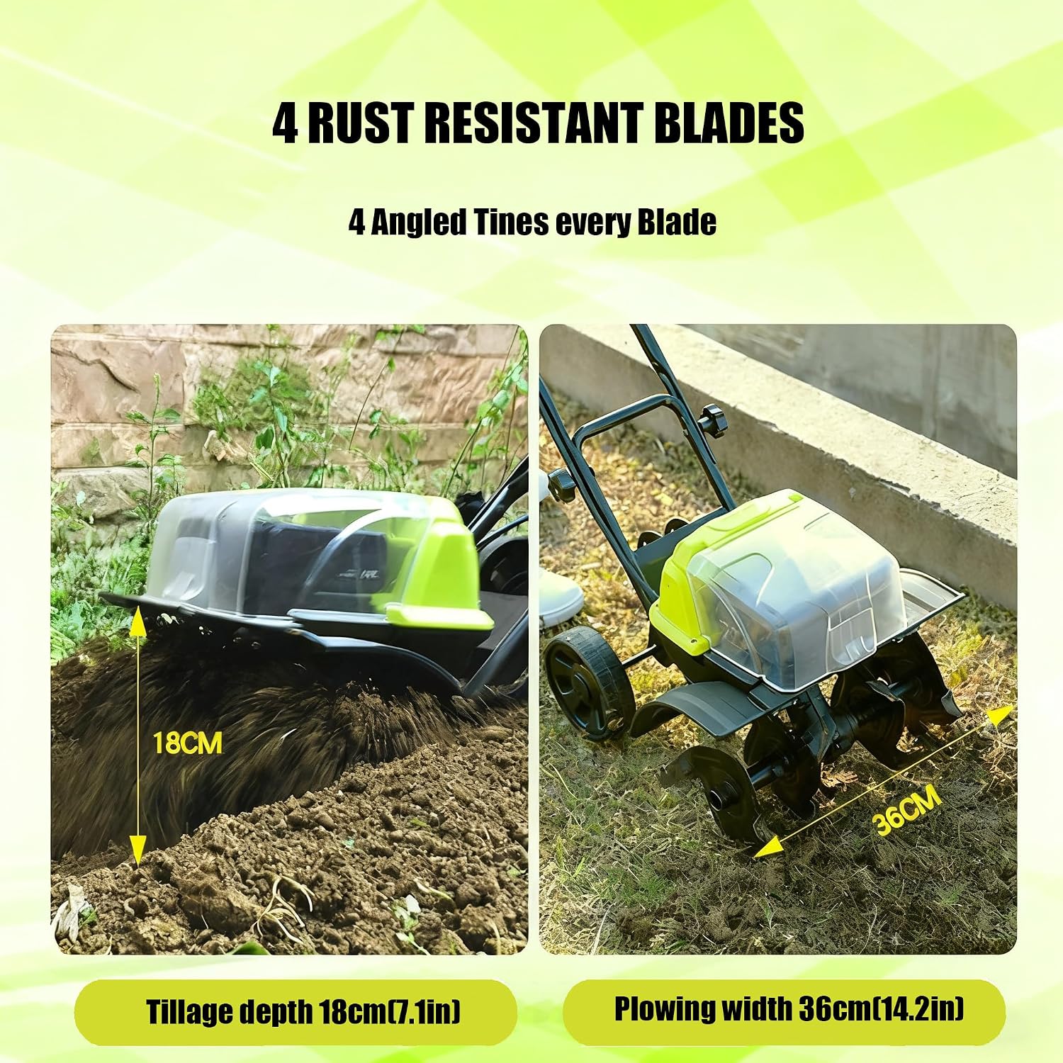 Electric Garden Tiller,Garden Cultivator Rotovator and Rototiller with 2 Wheels,36cm Working Width & 17cm Depth,Rotary Tiller for Lawn/Gardening/Soil