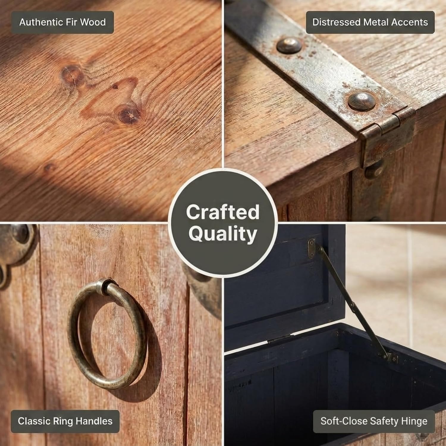 Household Essentials Victorian Style Decorative Trunk in Chinese Fir Wood with Metal Accents, Natural