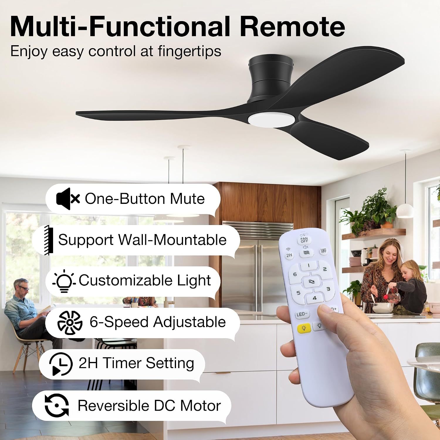 52 Inch Wood Ceiling Fans with Lights Remote,Low Profile Flush Mount Ceiling Fan with Light,Outdoor Indoor Modern Ceiling fan for Bedroom Living room Patio,Matte Black,3 Blades,Dimmable,Ultra-Quiet