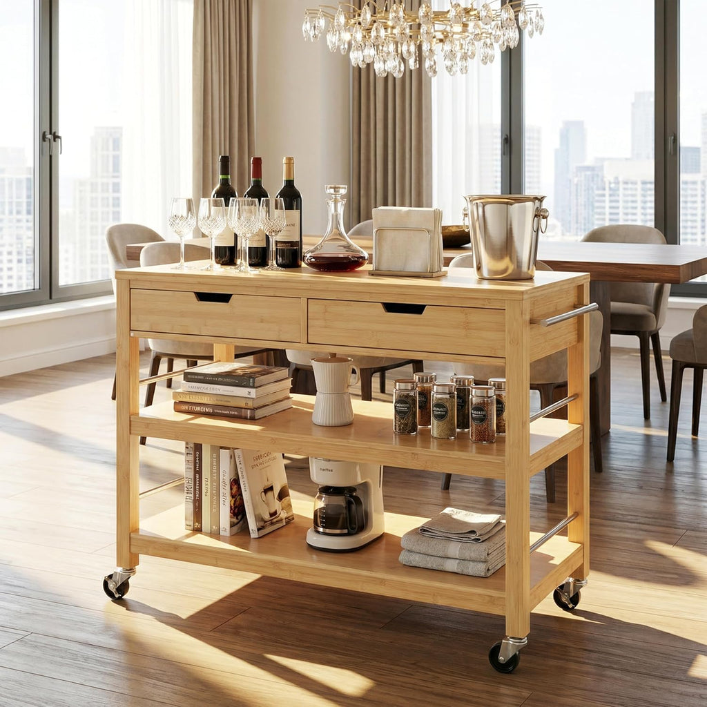 Christopher Knight Home Metis Bamboo Rolling Bar Cart with Storage, Kitchen Island on Wheels with Drawers, Mobile Kitchen Cart Storage Cabinet, Rolling Serving Cart, Shelf Rack Organizer, Natural