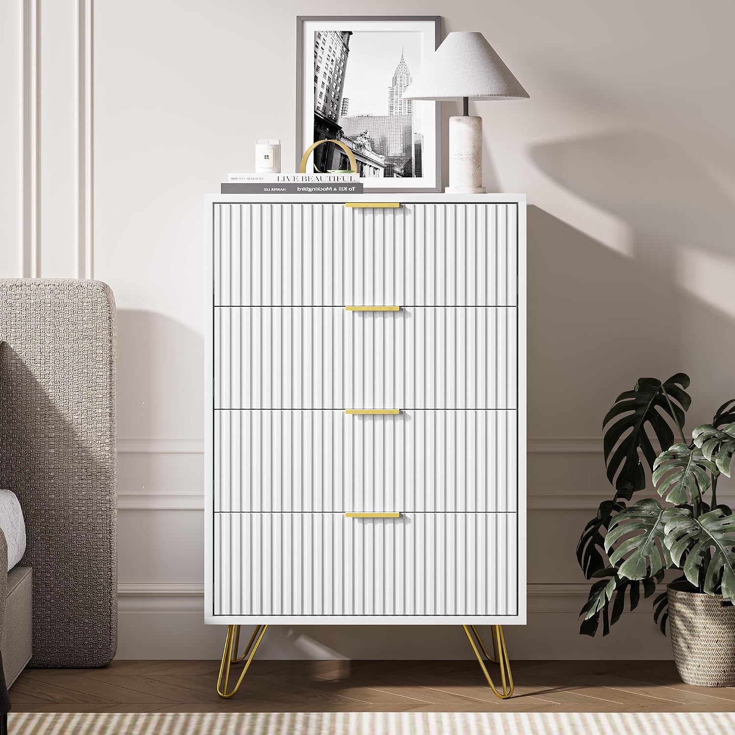 MAISONARIA White Dresser for Bedroom, Modern Dresser with Gold Metal Handles & Chests of Drawers