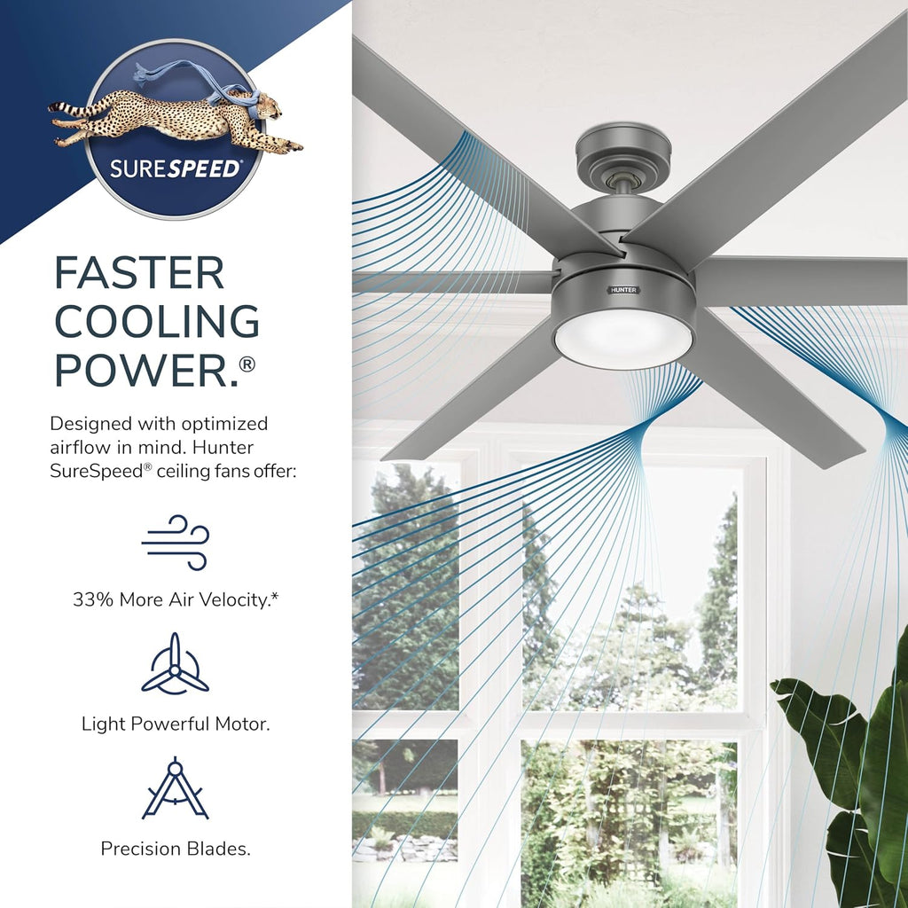 Hunter 72 inch Outdoor or Indoor Ceiling Fan with LED Light - Ceiling Fan with Wall Control, For Patio, Garage, or Porch, Quiet, Standard Mount, 6 Blades - Solaria 59629, Matte Silver