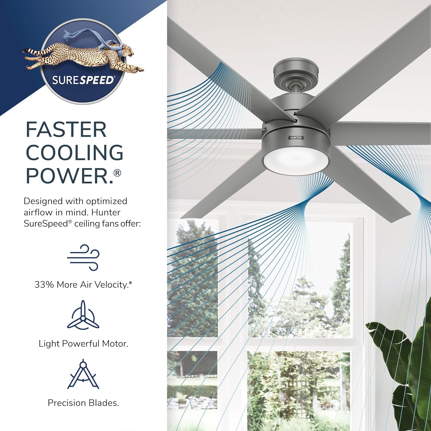 Hunter 72 inch Outdoor or Indoor Ceiling Fan with LED Light - Ceiling Fan with Wall Control, For Patio, Garage, or Porch, Quiet, Standard Mount, 6 Blades - Solaria 59629, Matte Silver