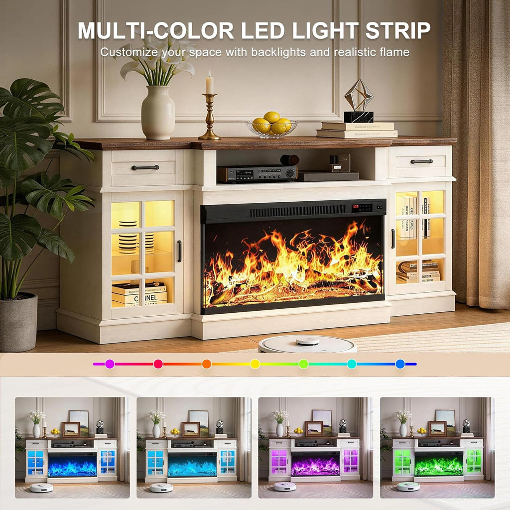 MXV 70' Fireplace TV Stand, 3-Sided Glass Fireplace and Modern Entertainment Center, Wooden Media Console with Glass Doors & Storage Drawers, LED Light, for Living Room, Antique White