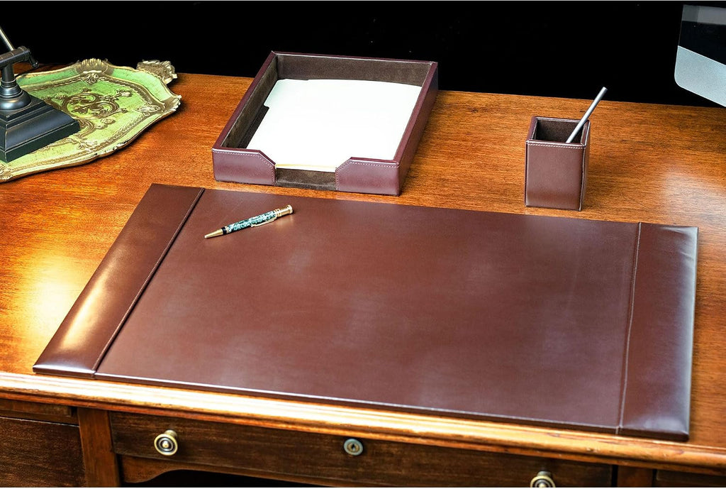 Dacasso Brown Bonded Leather Luxury 3 Piece Desk Set - Blotter Pad & Desk Organization Essentials - Executive Decor and Surface Protector