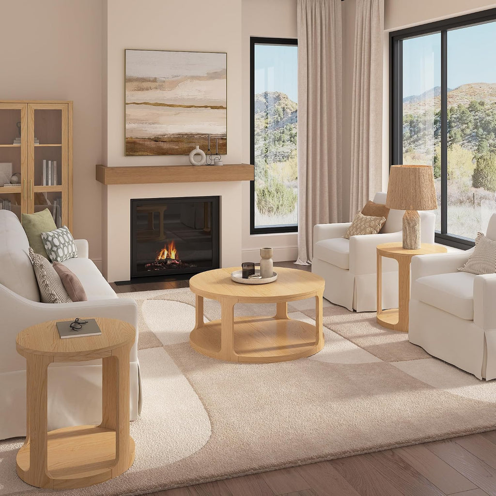 Bush Home Vera Round Coffee Table with Set of 2 Round End Tables, Living Room Furniture, Vera Collection, Natural White Oak