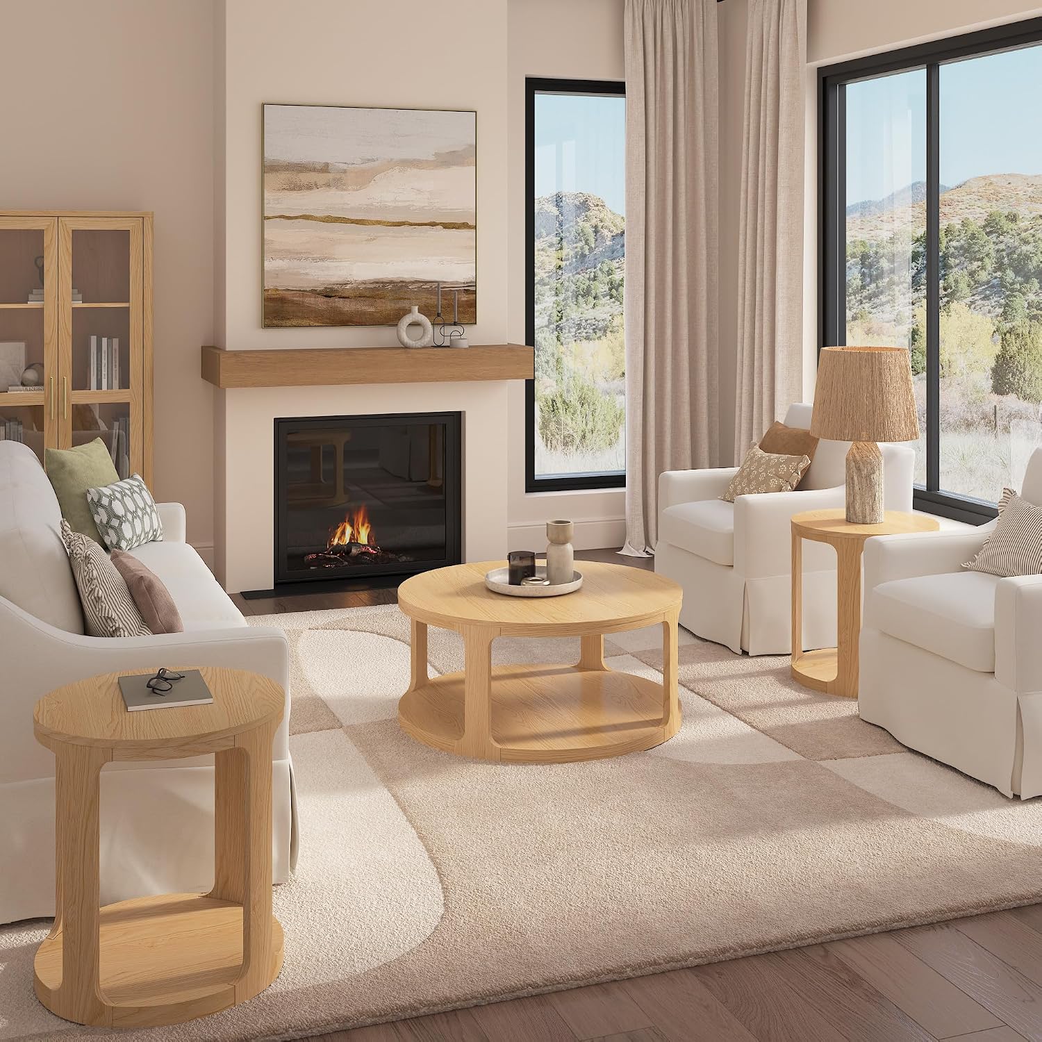 Bush Home Vera Round Coffee Table with Set of 2 Round End Tables, Living Room Furniture, Vera Collection, Natural White Oak
