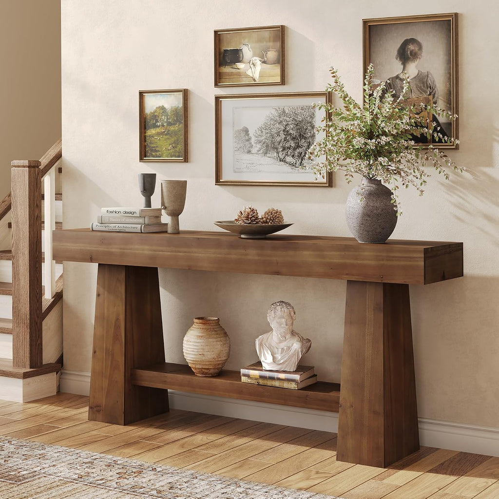 Solid Wood Console Table, 63-Inch Entryway Table with Storage, Long Wooden Sofa Table Behind Couch for Entryway, Hallway, Foyer, Living Room, Brown Wood