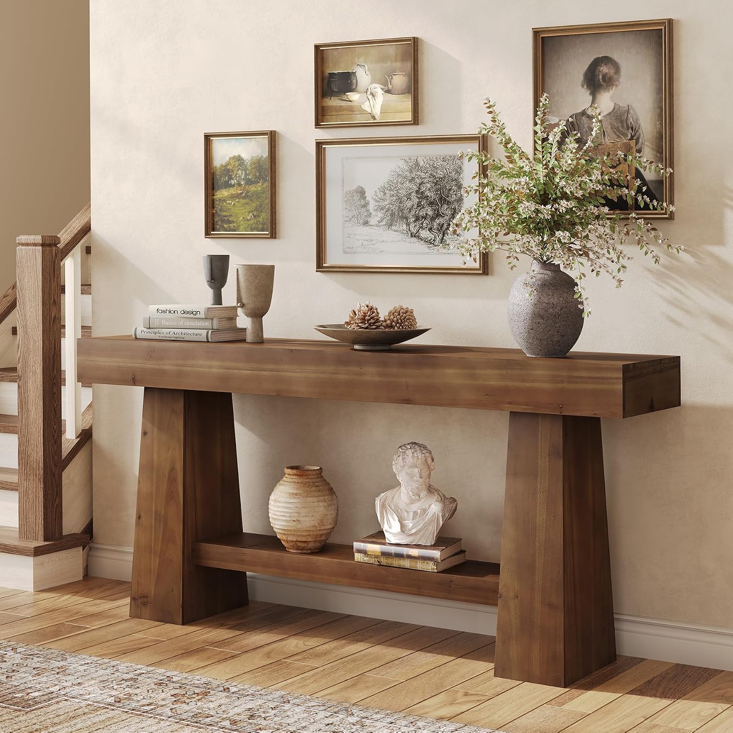 Solid Wood Console Table, 63-Inch Entryway Table with Storage, Long Wooden Sofa Table Behind Couch for Entryway, Hallway, Foyer, Living Room, Brown Wood