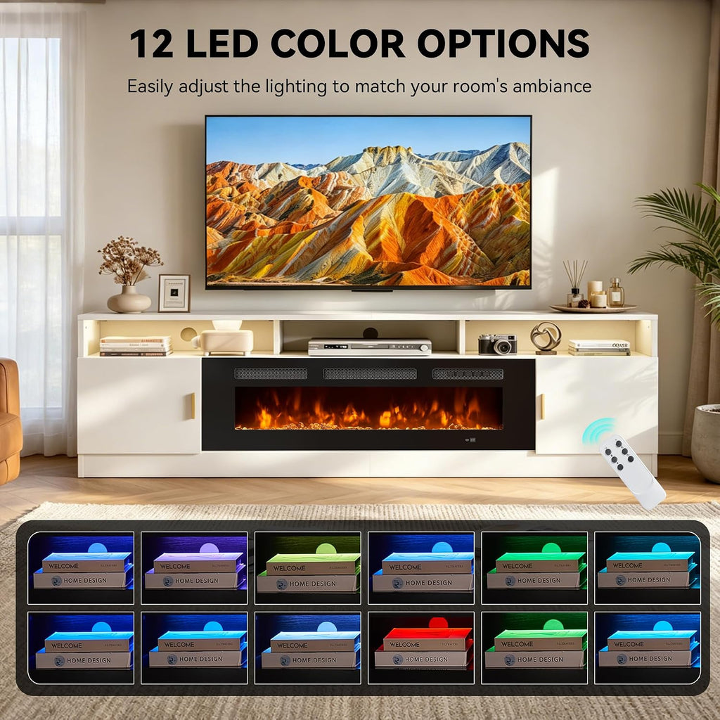 80' Fireplace TV Stand with Power Outlet, Electric Fireplace Entertainment Center with Storage Cabinets, Fits TVs up to 90', TV Console with LED Lights for Living Room, Office, White-Black