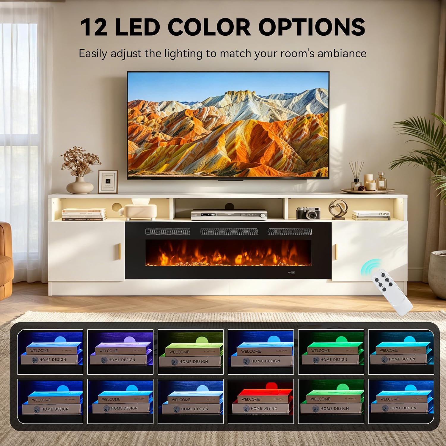 80' Fireplace TV Stand with Power Outlet, Electric Fireplace Entertainment Center with Storage Cabinets, Fits TVs up to 90', TV Console with LED Lights for Living Room, Office, White-Black