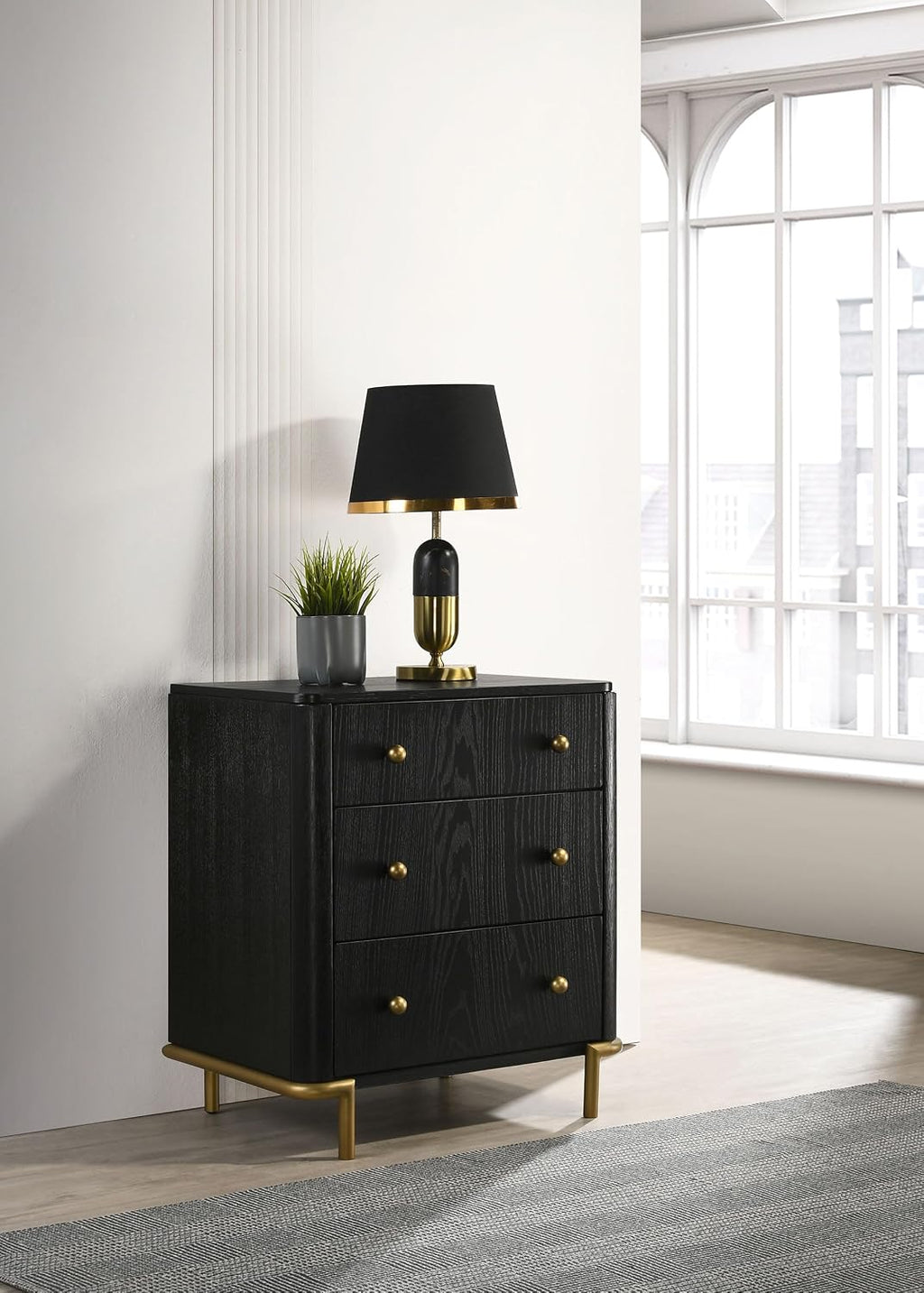 Coaster Home Furnishings - Arini - Wood - 3-Drawer Nightstand with Dual USB Ports, Felt-Lined Top Drawer, Aged Brass Round Knobs and Metal Base - Bedroom - Black - 224332