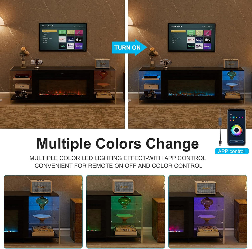 VECELO Fireplace TV Stand for Televisions up to 75' with 3D Flame/13 Colors, Modern Media Entertainment Center Console Table with LED Lights, 3 Tier Transparent Storage Shelves, for Living Room, Black