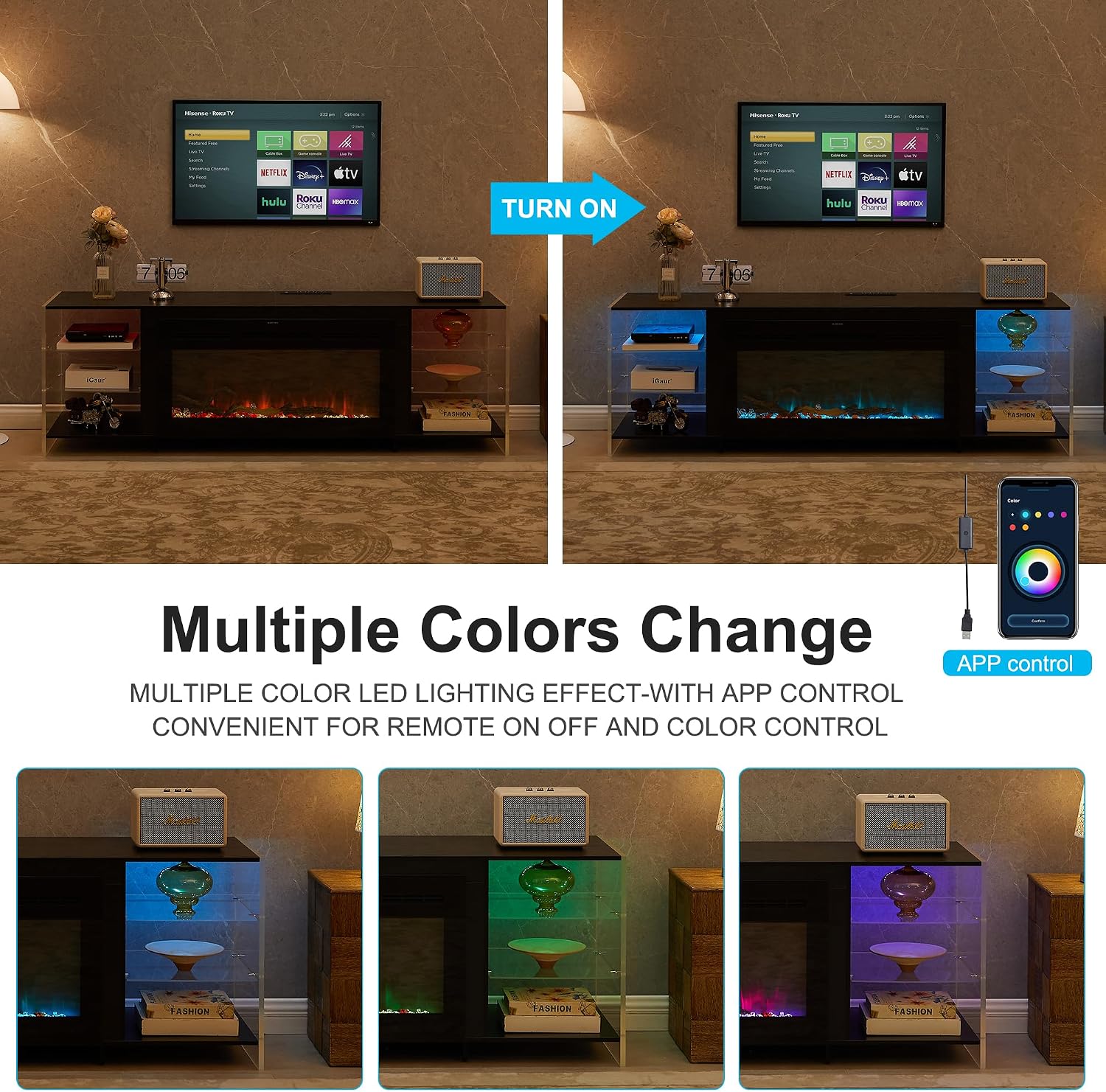 VECELO Fireplace TV Stand for Televisions up to 75' with 3D Flame/13 Colors, Modern Media Entertainment Center Console Table with LED Lights, 3 Tier Transparent Storage Shelves, for Living Room, Black