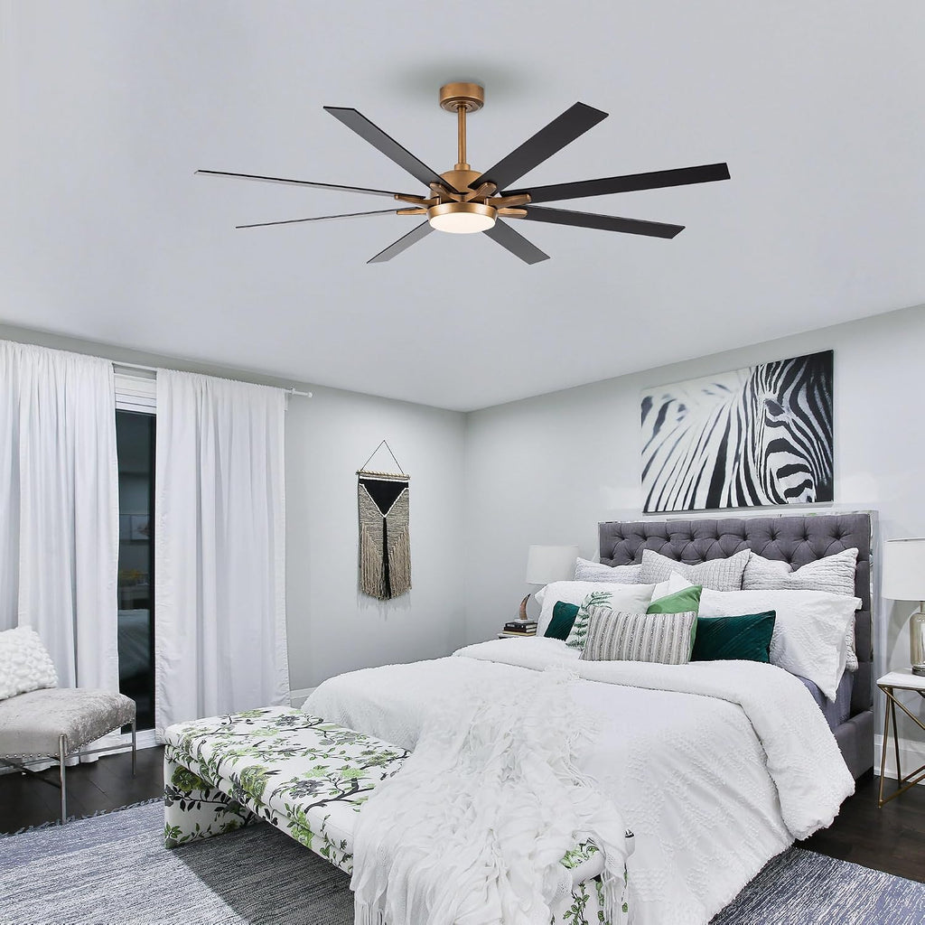65'' Large Industrial Ceiling Fan with Light, Matte Black, 8-Blade DC Motor, 6-Speed Reversible Airflow, 24W Dimmable LED 3000K/4000K/5000K, Remote Control for Living Room Patio Garage