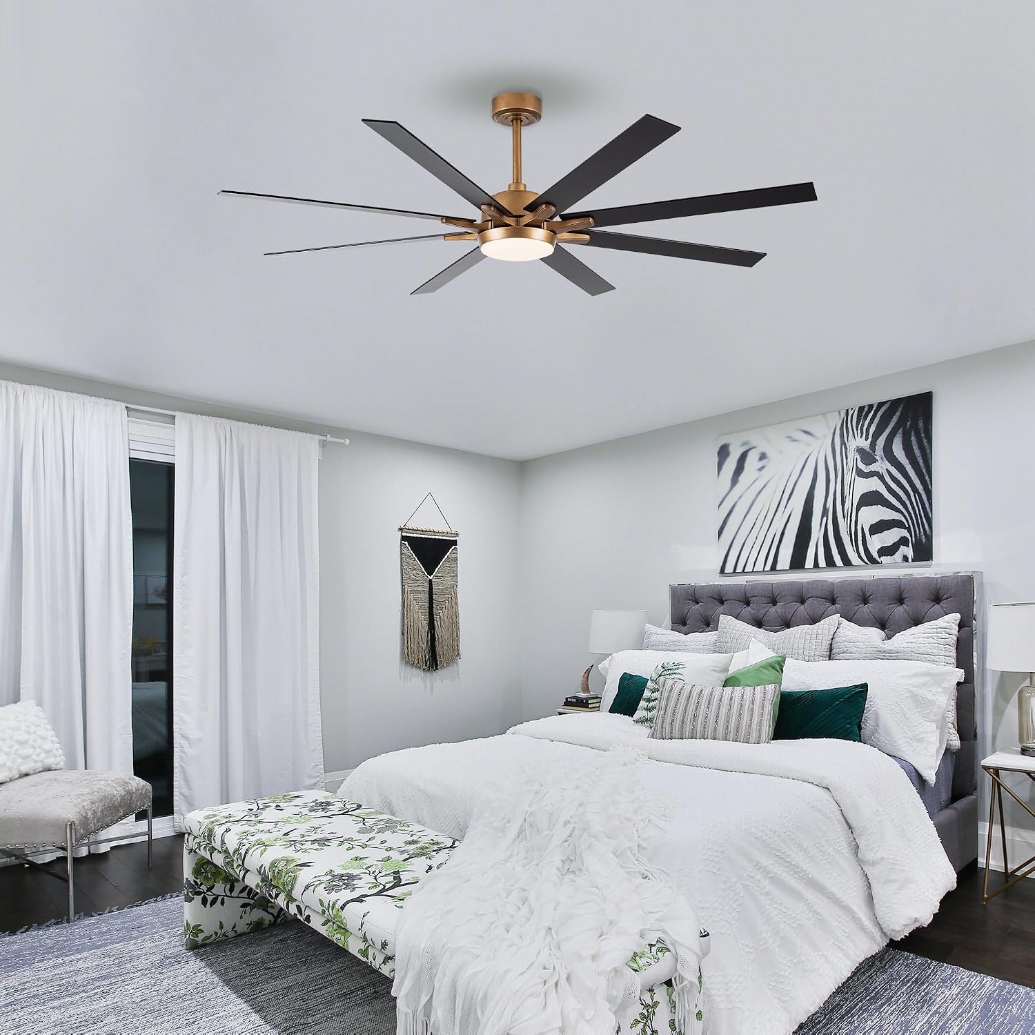 65'' Large Industrial Ceiling Fan with Light, Matte Black, 8-Blade DC Motor, 6-Speed Reversible Airflow, 24W Dimmable LED 3000K/4000K/5000K, Remote Control for Living Room Patio Garage