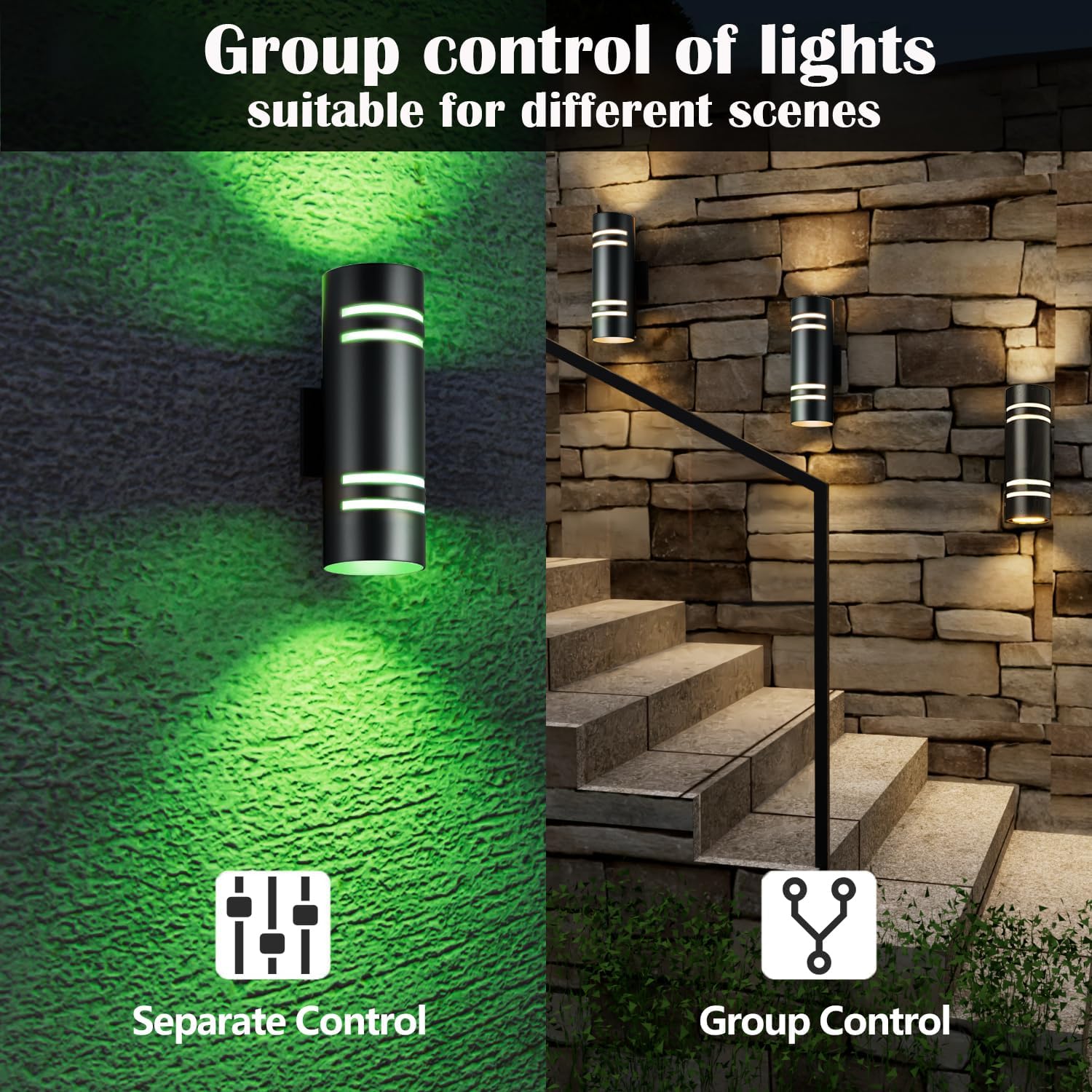 wowlite Outdoor Wall Lights for House, Remote Control Smart RGBCW Up and Down Lights Outdoor Sconce RGB Color Changing, Black Cylinder Aluminum Exterior Lighting Fixtures for Porch Garage, ETL Listed