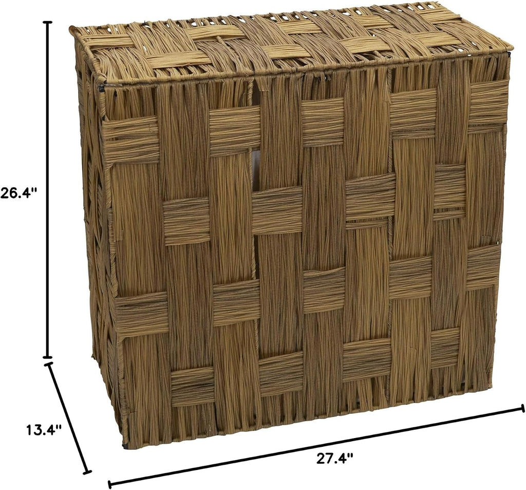 Household Essentials Woven Double Hamper, Natural Resin Weave, Strong Metal Frame, Washable Poly-Cotton Liners with Wooden Dowels, Moisture-Resistant, Easy to Assemble