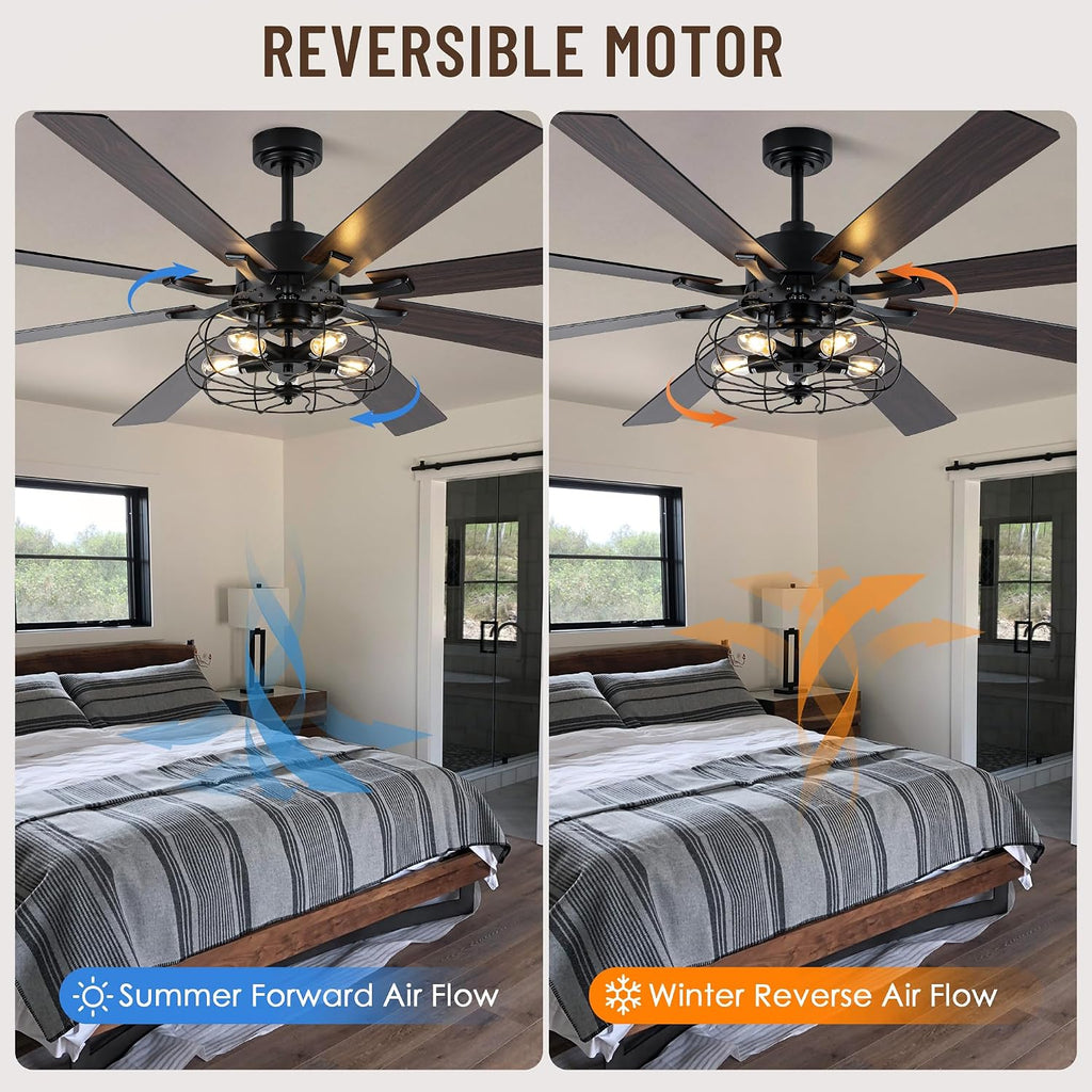 72' Industrial Ceiling Fan with Light,8 Blades DC Motor Farmhouse Cage Ceiling Fan,6 Speed Reversible Quiet Ceiling Fan with Remote Control for Patio Living Room Bedroom
