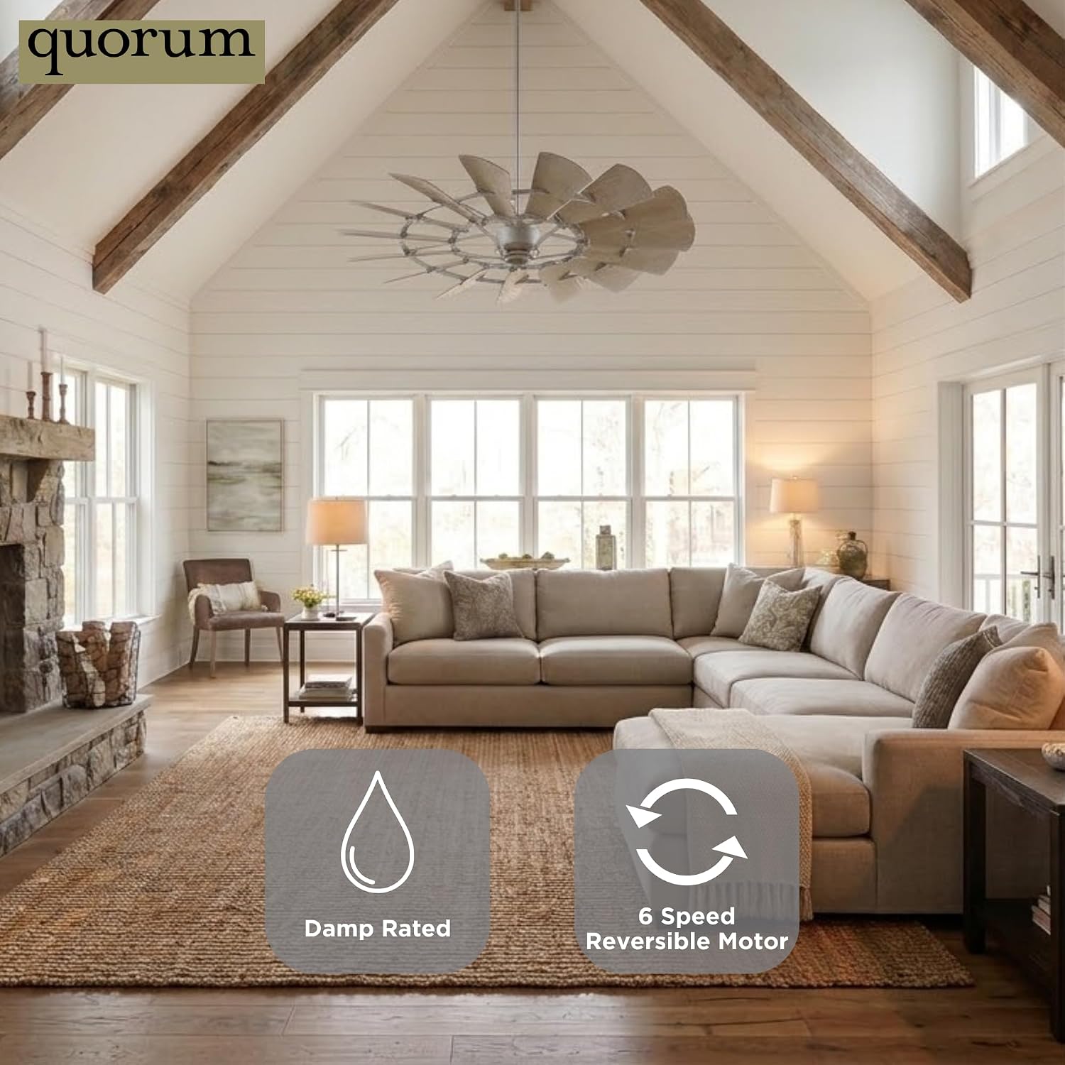 Quorum 196015-9 Windmill 60 Inch Ceiling Fan | 15 Blade Wagon Wheel Design | 6 Speed Reversible DC Motor | Remote Control Included | Damp Rated Fan | Weathered Oak Blades | Galvanized Finish