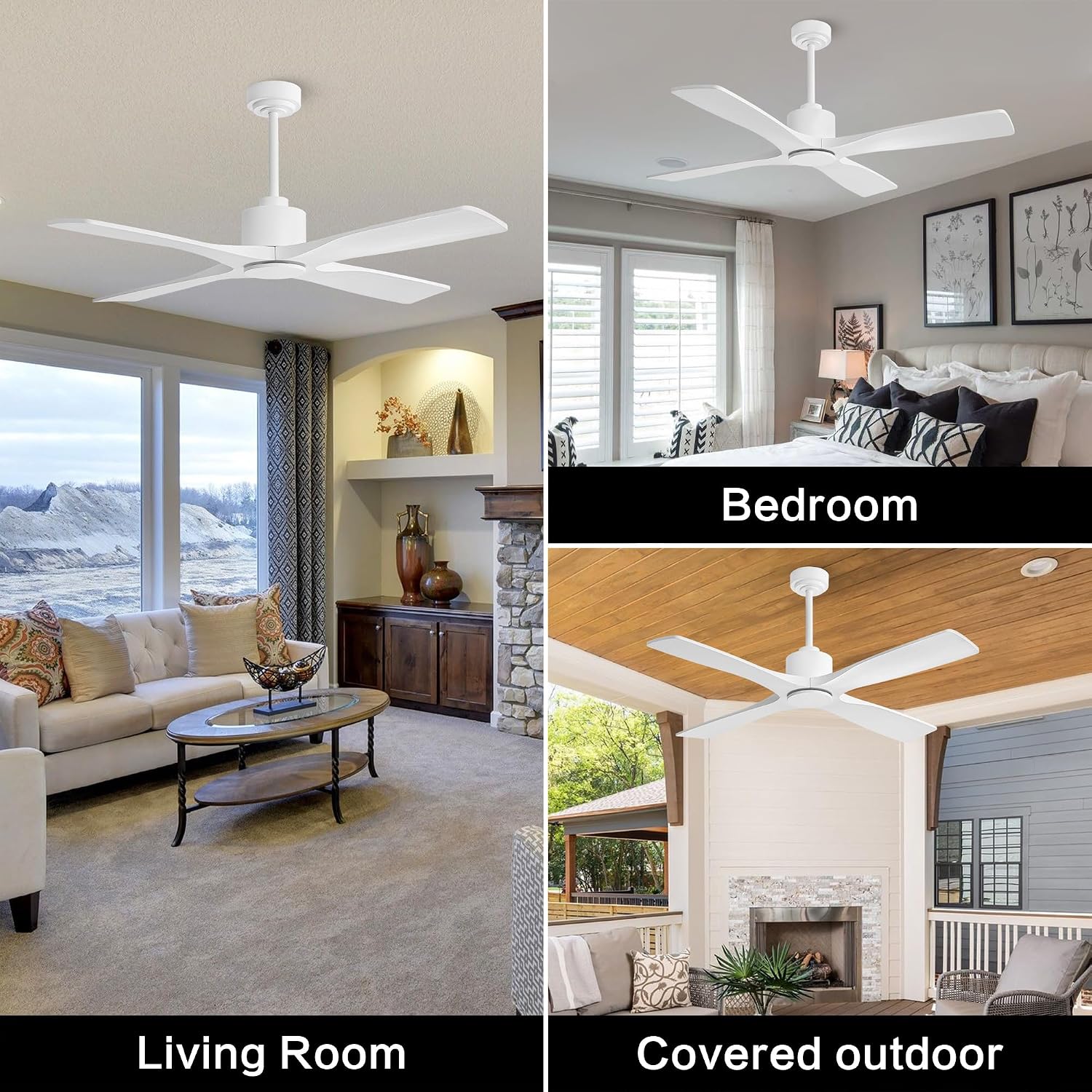 WINGBO 54' DC Ceiling Fan without Lights, 4 Carved Solid Wood Blades, 6-Speed Noiseless Reversible DC Motor, Modern Ceiling Fan No Light with Remote, Gloss White Finish with White Blades, ETL Listed