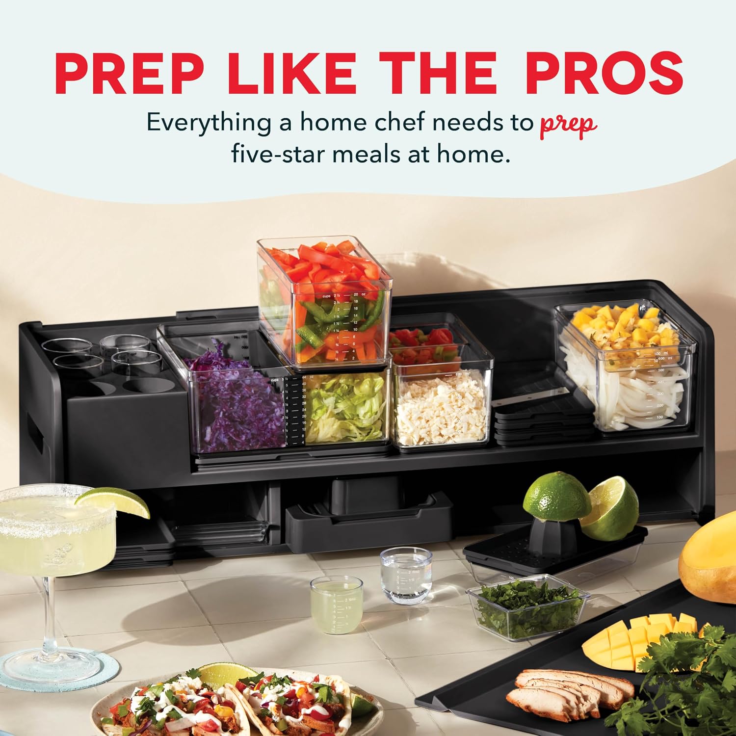 Prepdeck Gen 2 Recipe Prep & Storage Station - 8 Essential Tools + Deluxe Cutting Board, 14 Plastic Containers + Super-Seal Lids, Removable Trash Compartments, Tablet Stand Included - Midnight Black