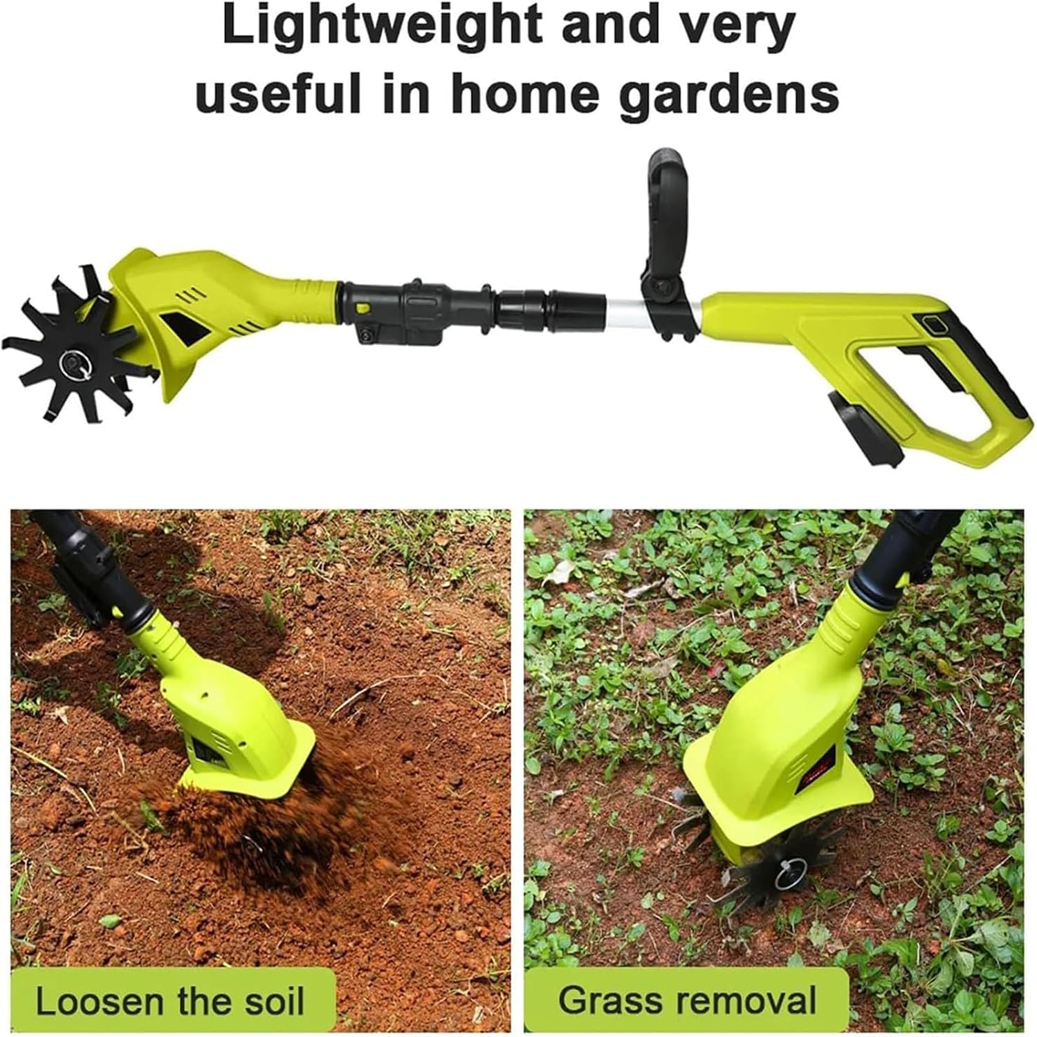 20V Electric Garden Rotavator, Cordless Tiller Cultivator, Ploughing Width 25cm, Depth 10cm, 97 127cm Telescopic Pole, The Whole Machine Weighs Only 2.7kg, 2 X 2000mAh Battery, for Soil Cultivation