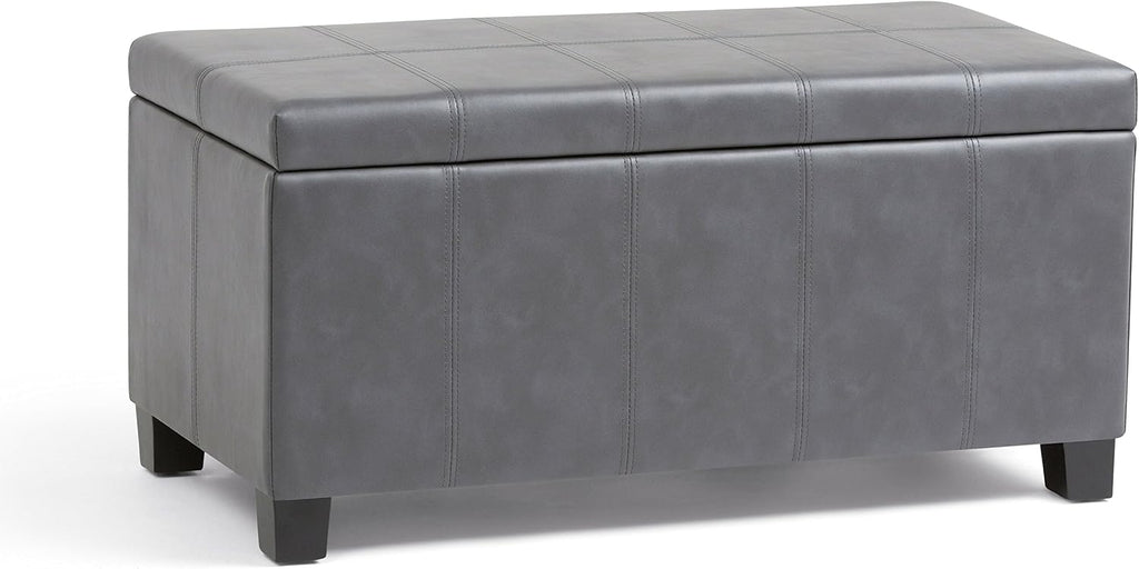 SIMPLIHOME Dover Storage Ottoman Bench - 36 inch Wide Upholstered Vegan Leather Rectangular Lift-Top Ottoman in Stone Grey, Contemporary Bench for Living Room with Safety Hinges