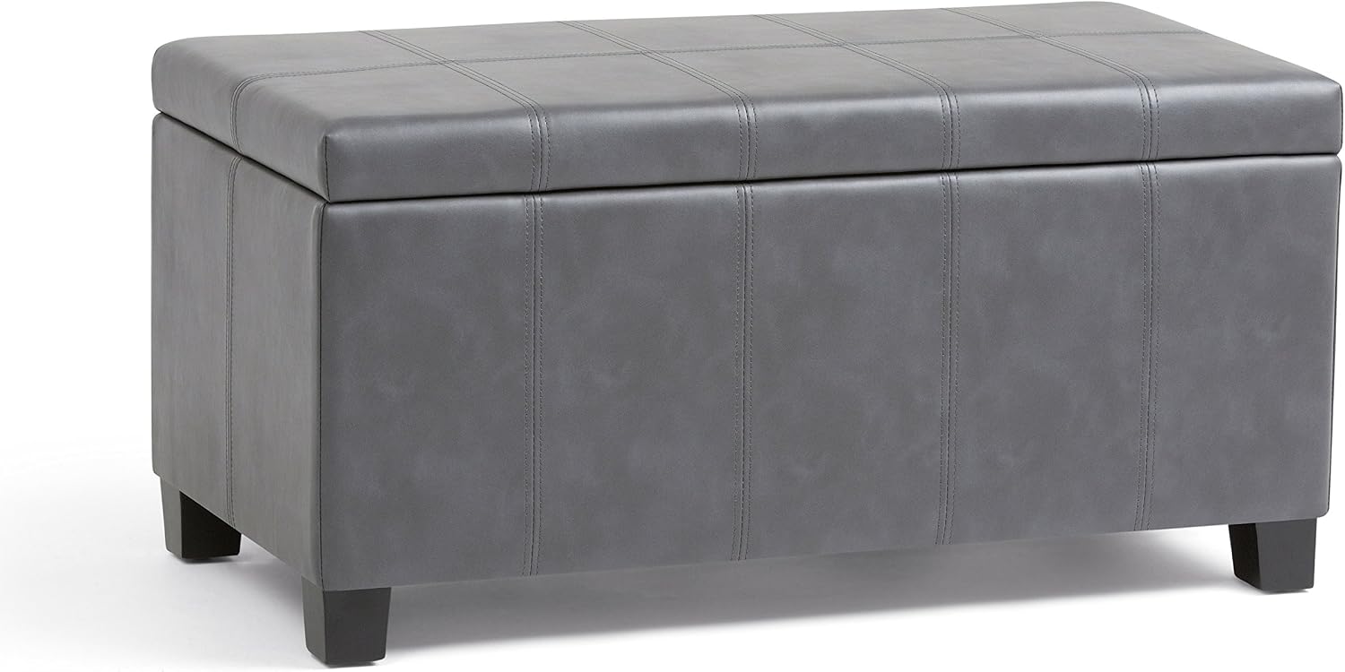 SIMPLIHOME Dover Storage Ottoman Bench - 36 inch Wide Upholstered Vegan Leather Rectangular Lift-Top Ottoman in Stone Grey, Contemporary Bench for Living Room with Safety Hinges