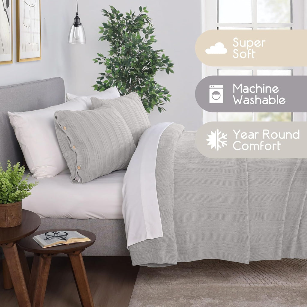 Vellux Malmo 3-Piece Blanket Set – Full/Queen Size – Striped Knit – Lightweight – All-Season Throw Blanket – House Decor – for Sofa, Bed, and Couch – Supersoft Apartment Essentials – Light Gray