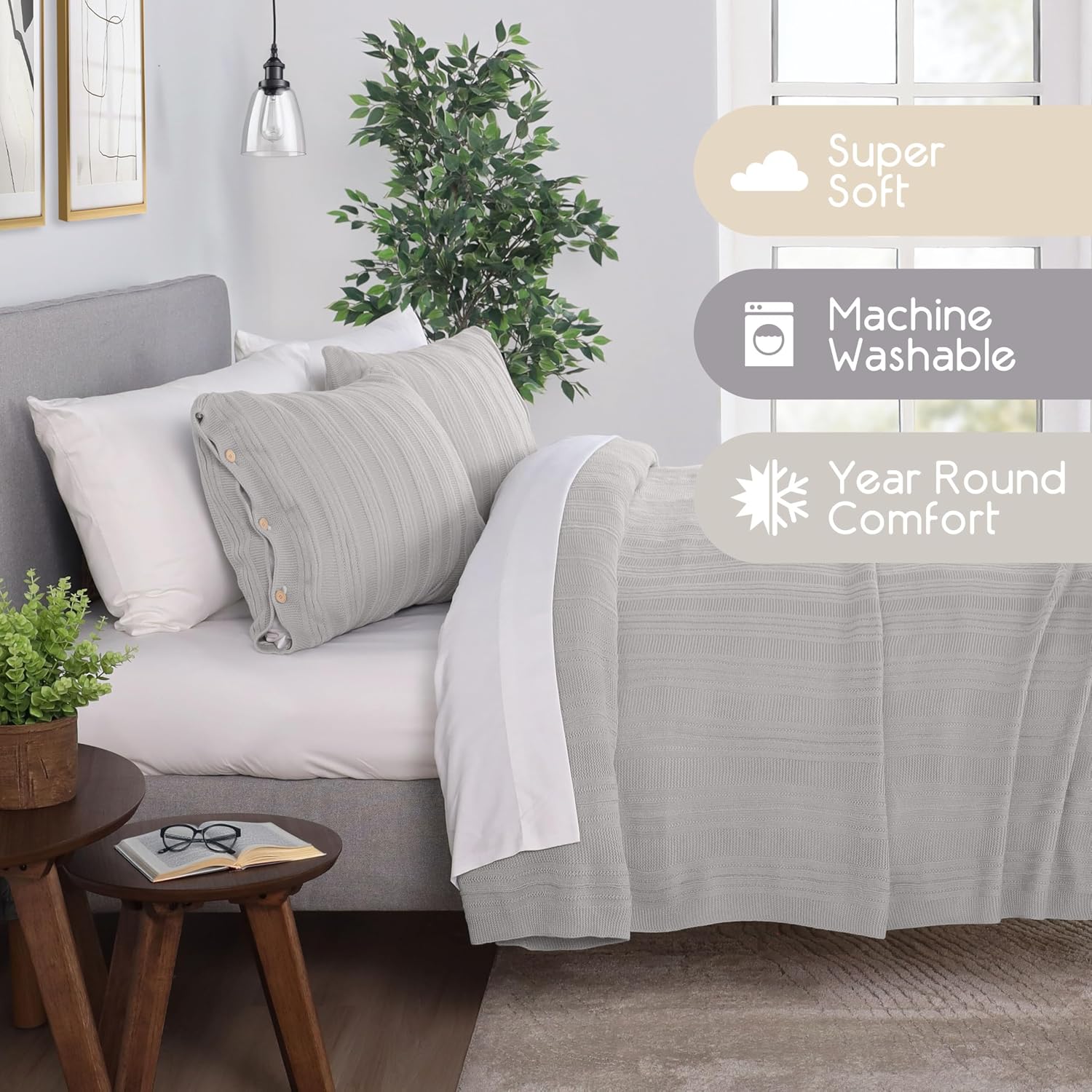 Vellux Malmo 3-Piece Blanket Set – Full/Queen Size – Striped Knit – Lightweight – All-Season Throw Blanket – House Decor – for Sofa, Bed, and Couch – Supersoft Apartment Essentials – Light Gray